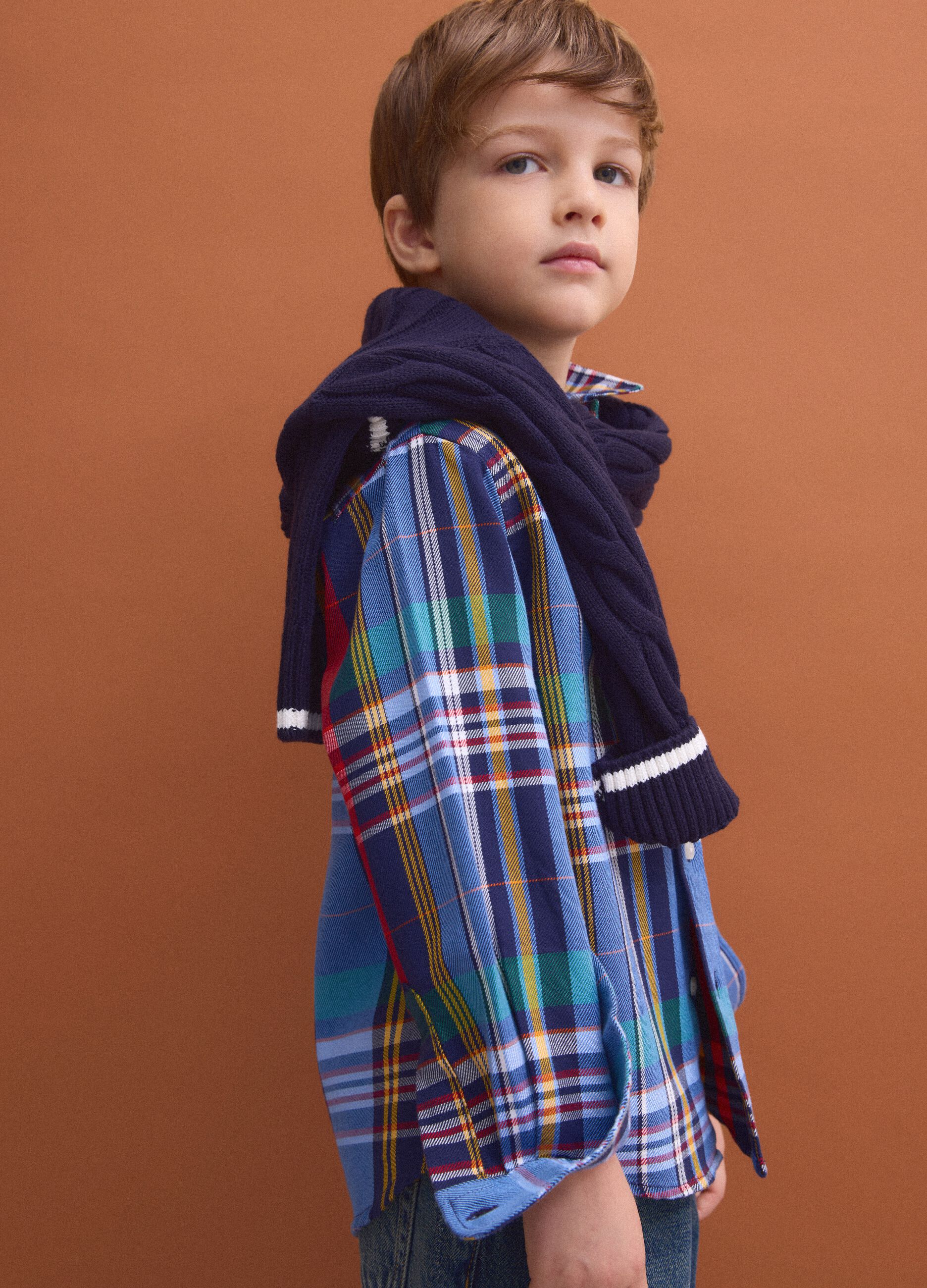 Multicolour pure cotton checked shirt with classic button-down collar