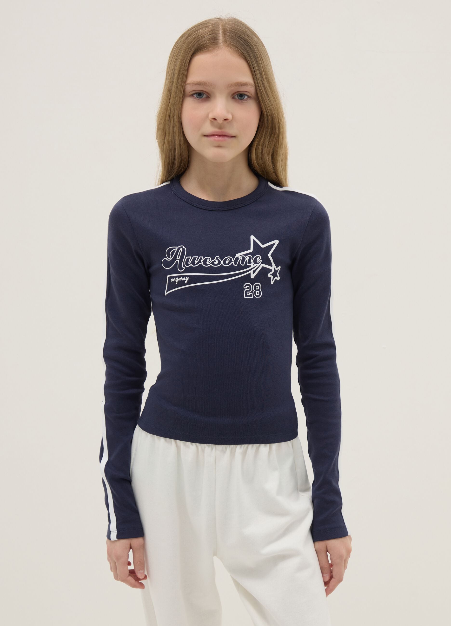 Slim fit blue stretch cotton T-shirt with stars for girls
