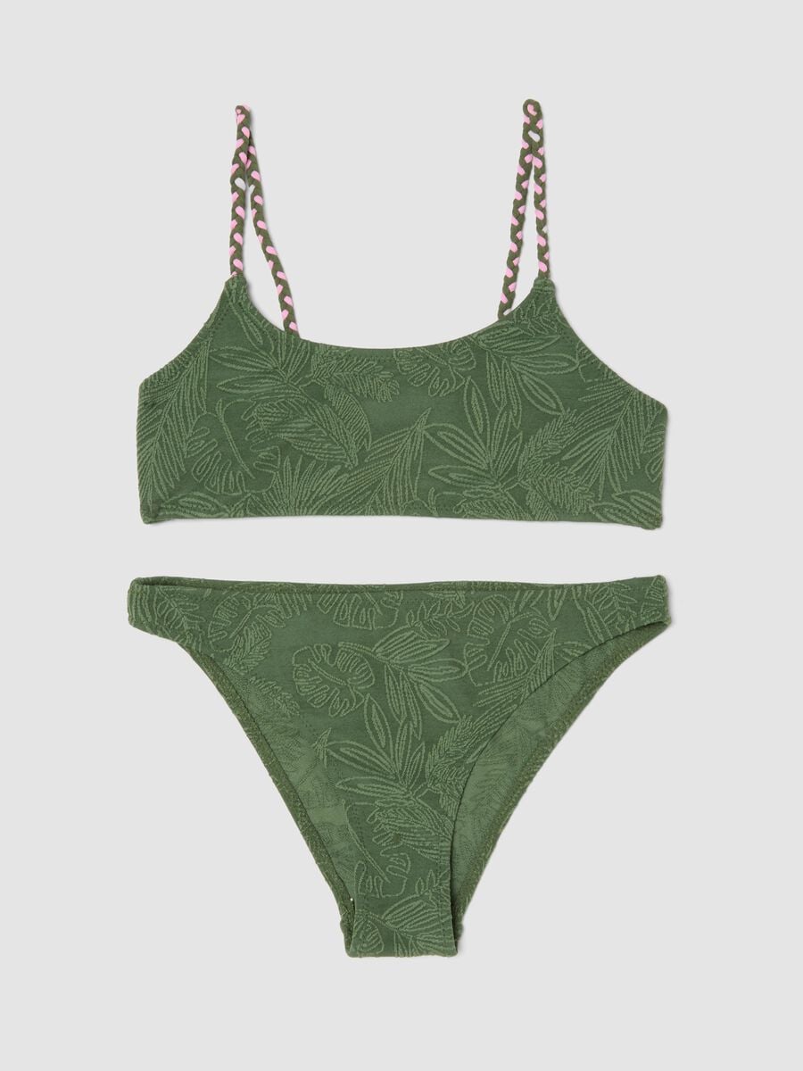 Bikini verde in tessuto elasticizzato con motivo foliage_0