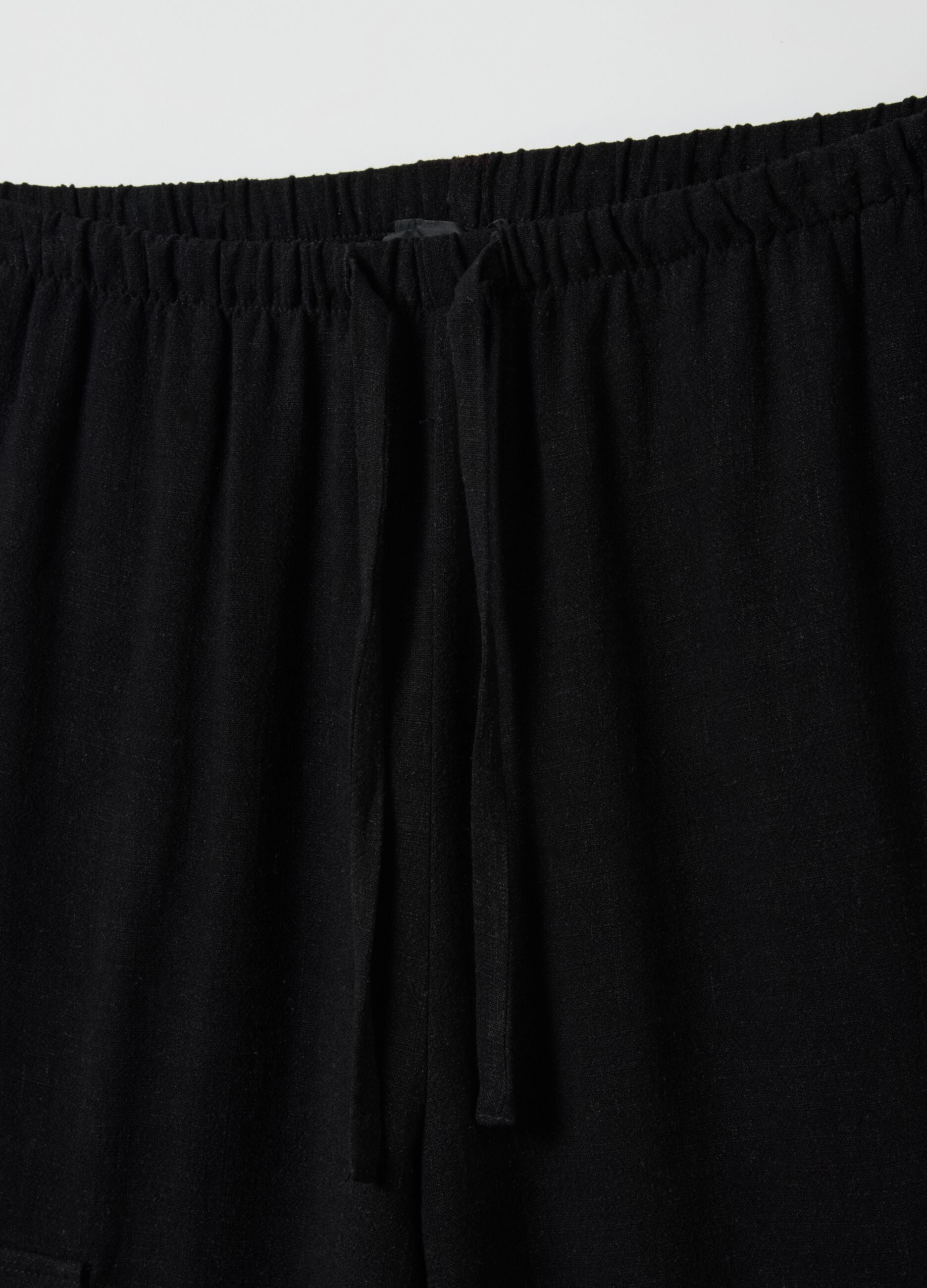 Black Linen Wide-Leg Cargo Trousers