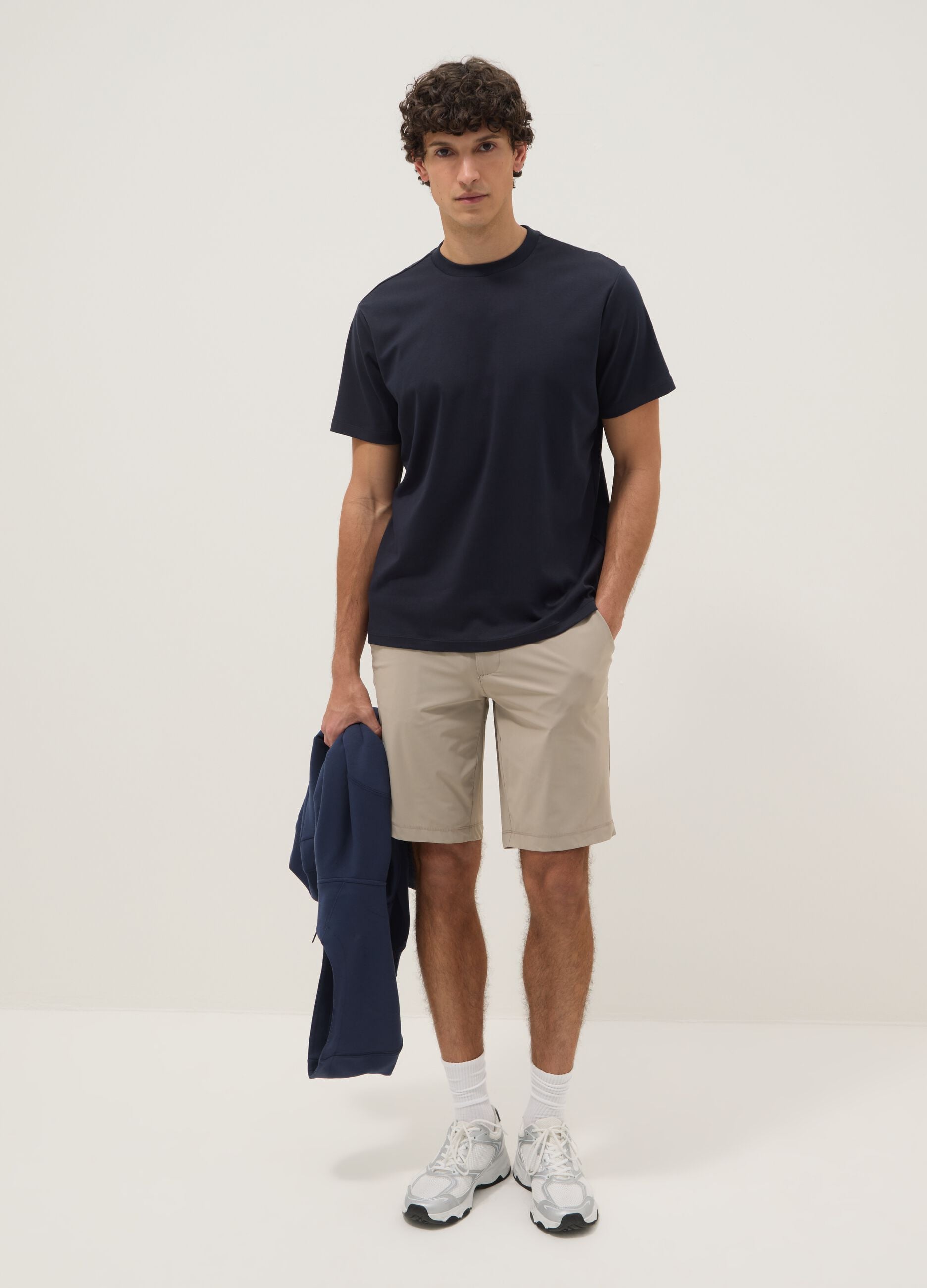 Beige regular-fit stretch-fabric jogger bermuda shorts