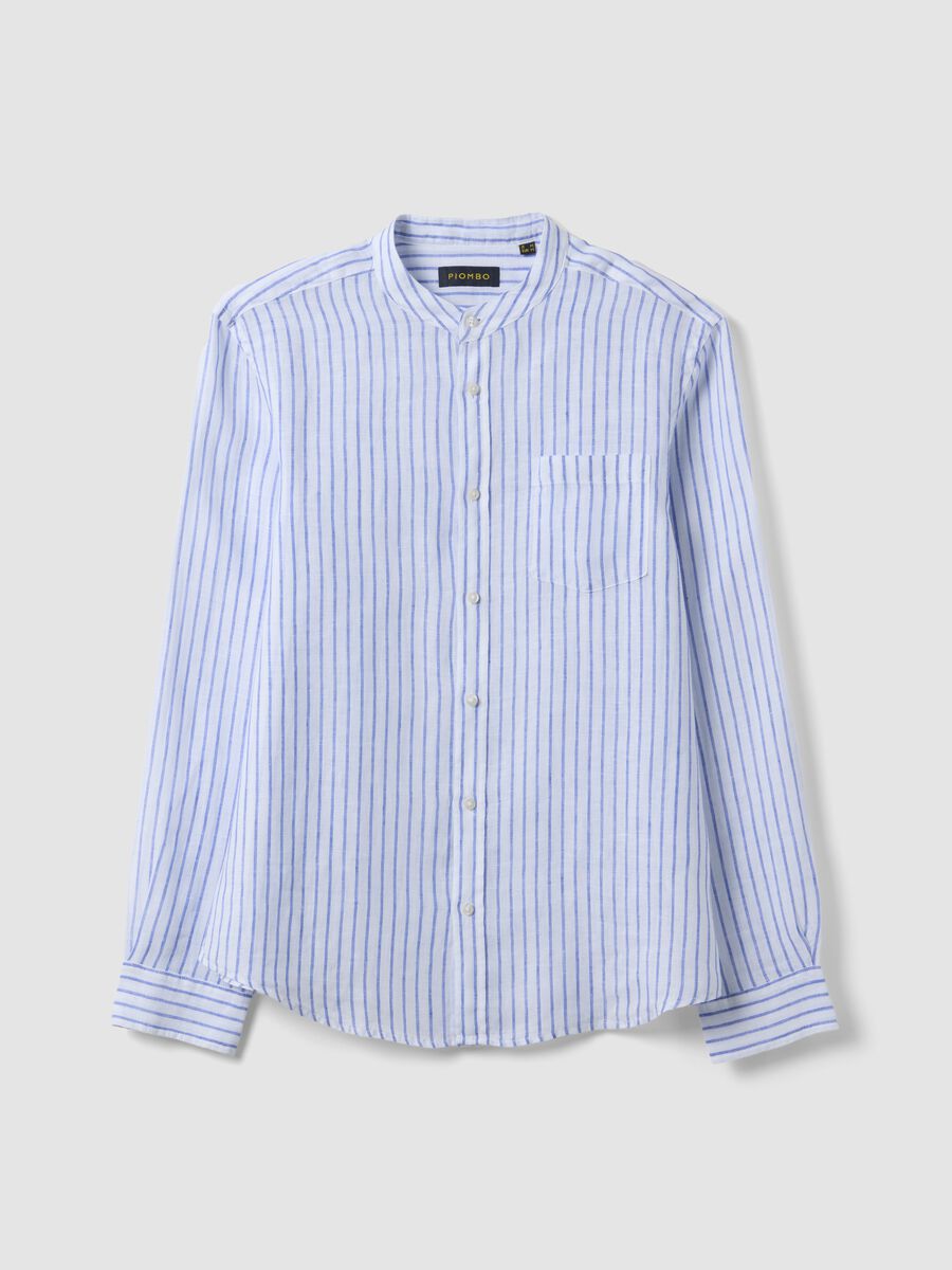 Light blue pure linen striped shirt with mandarin collar, regular fit_4