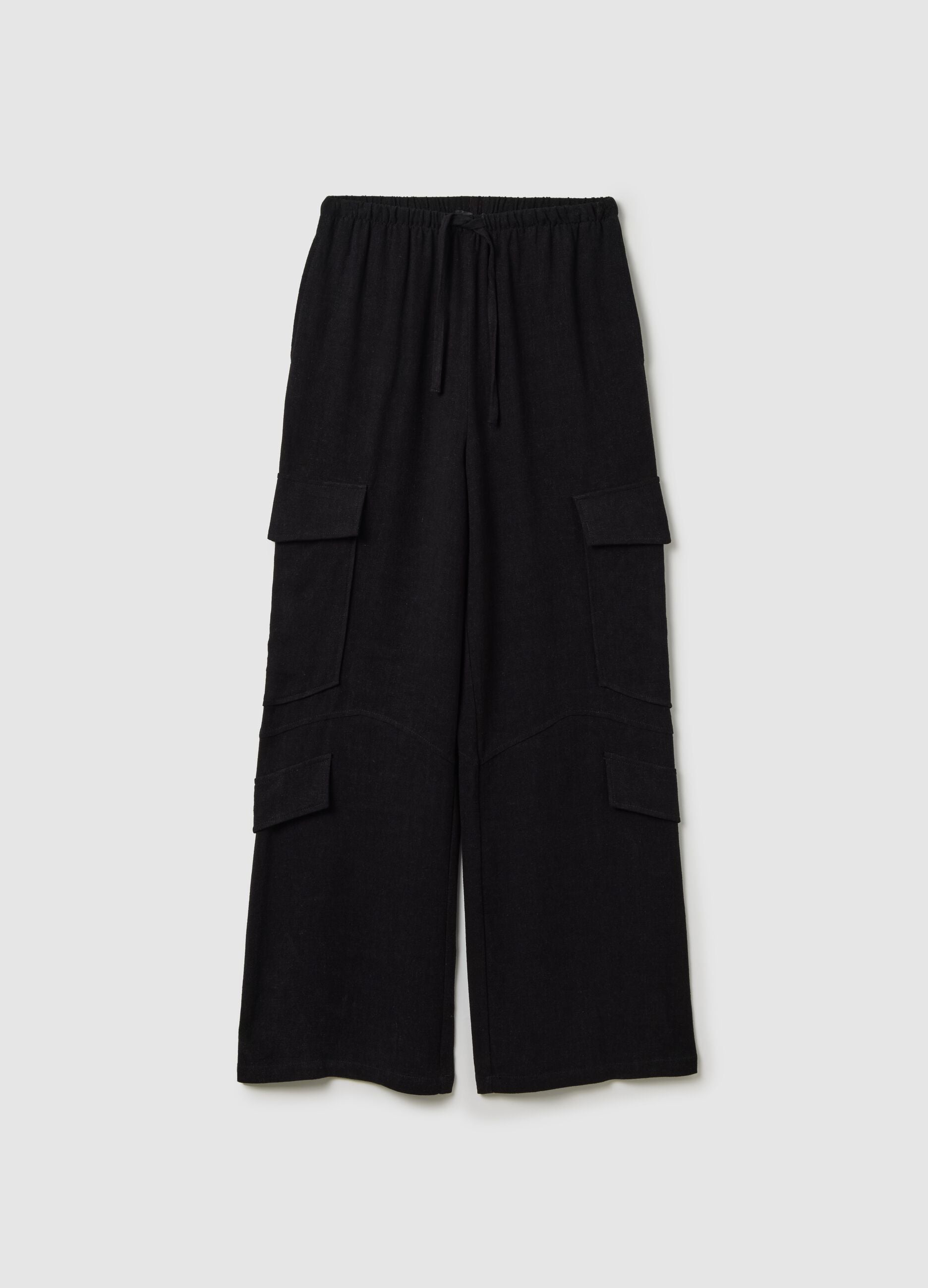 Black Linen Wide-Leg Cargo Trousers