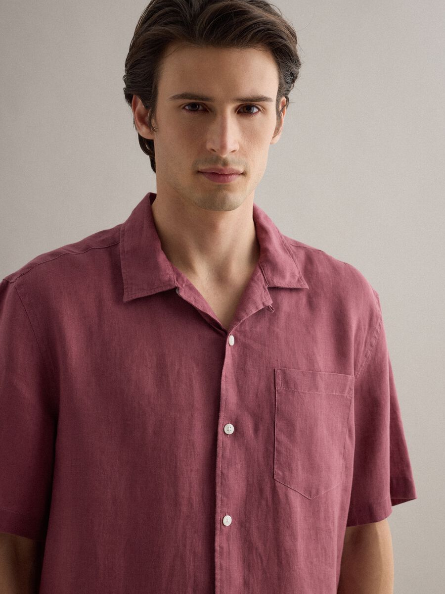 Regular fit pink short sleeve pure linen shirt with pocket_4