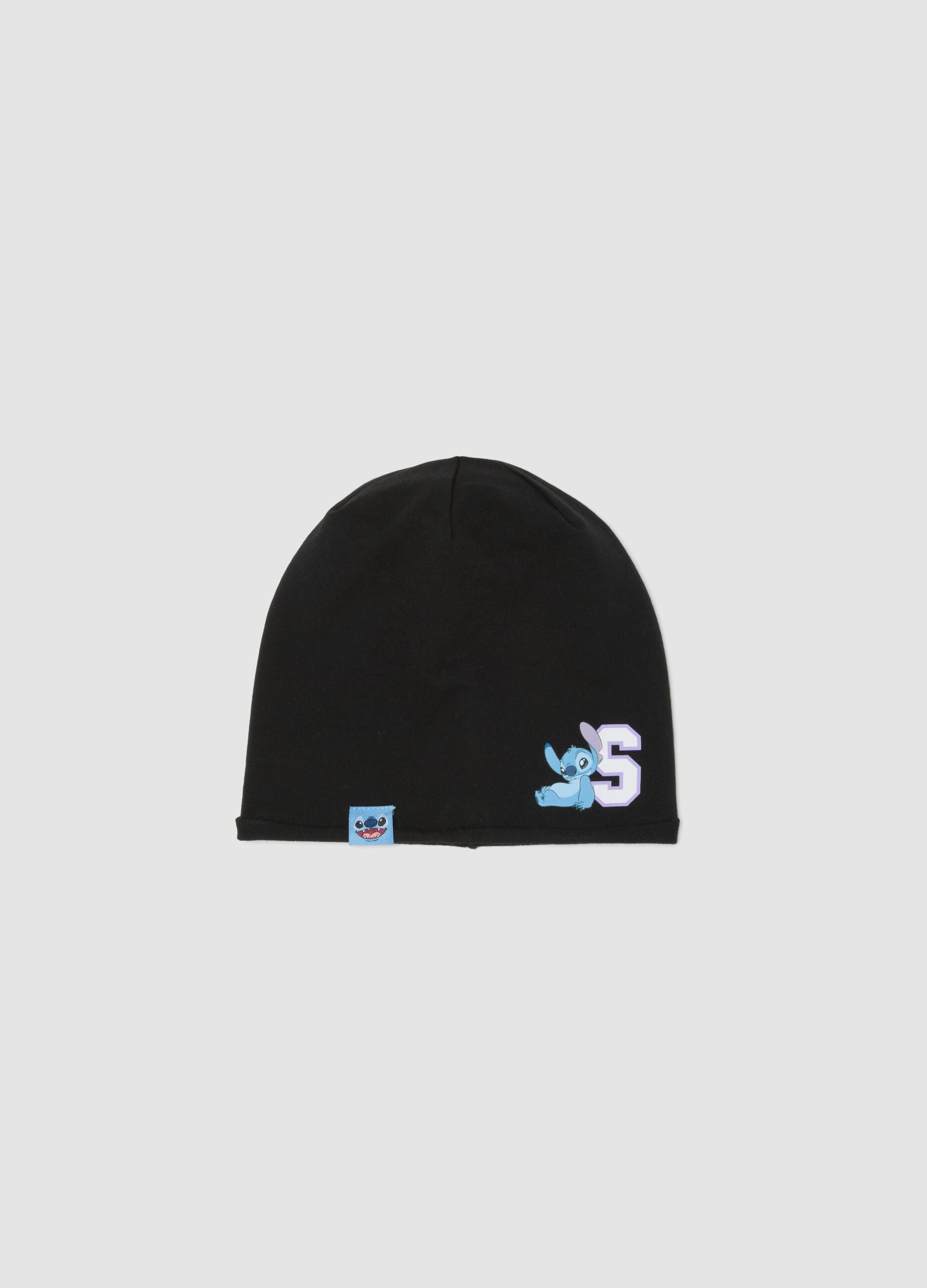 Girls&rsquo; black stretch cotton jersey hat with Lilo & Stitch print