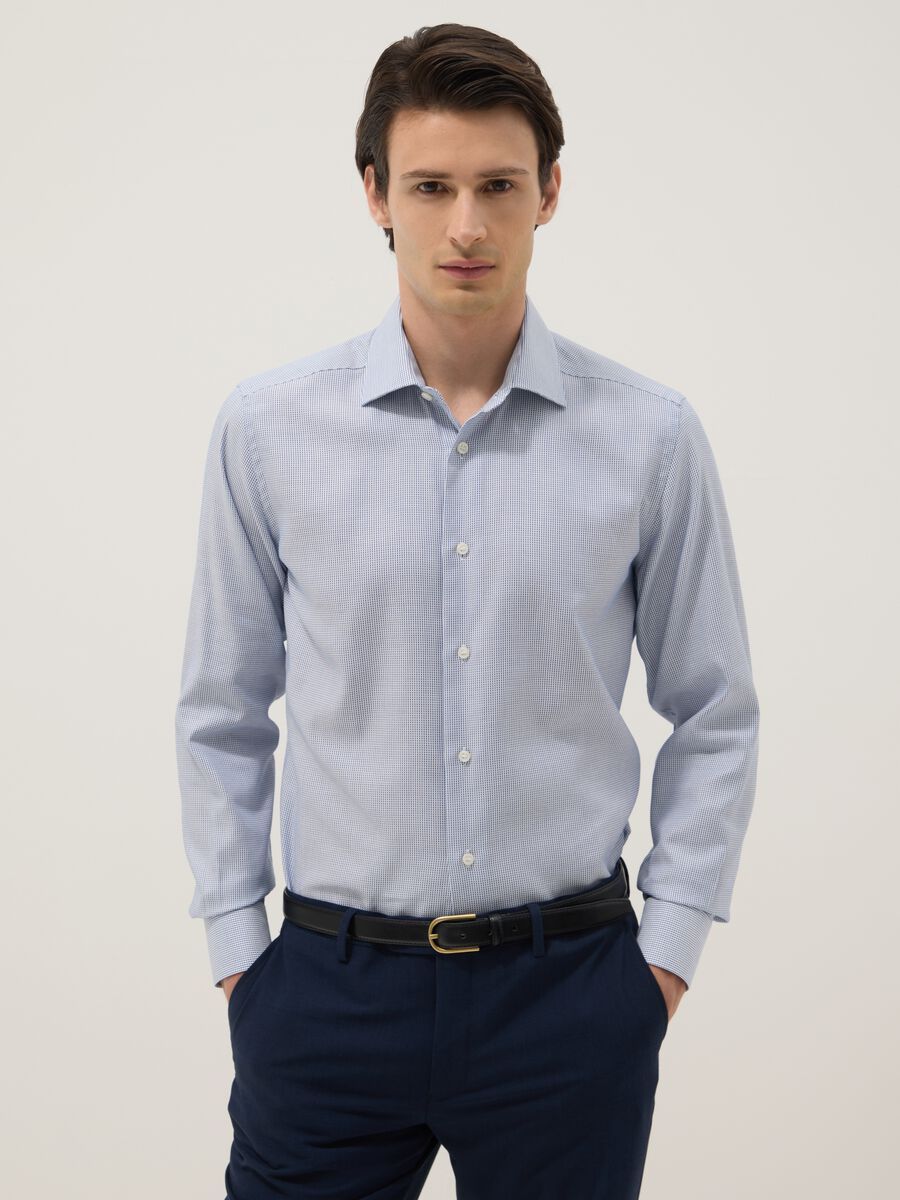 Camicia azzurra in puro cotone con microquadri easy iron slim fit_0