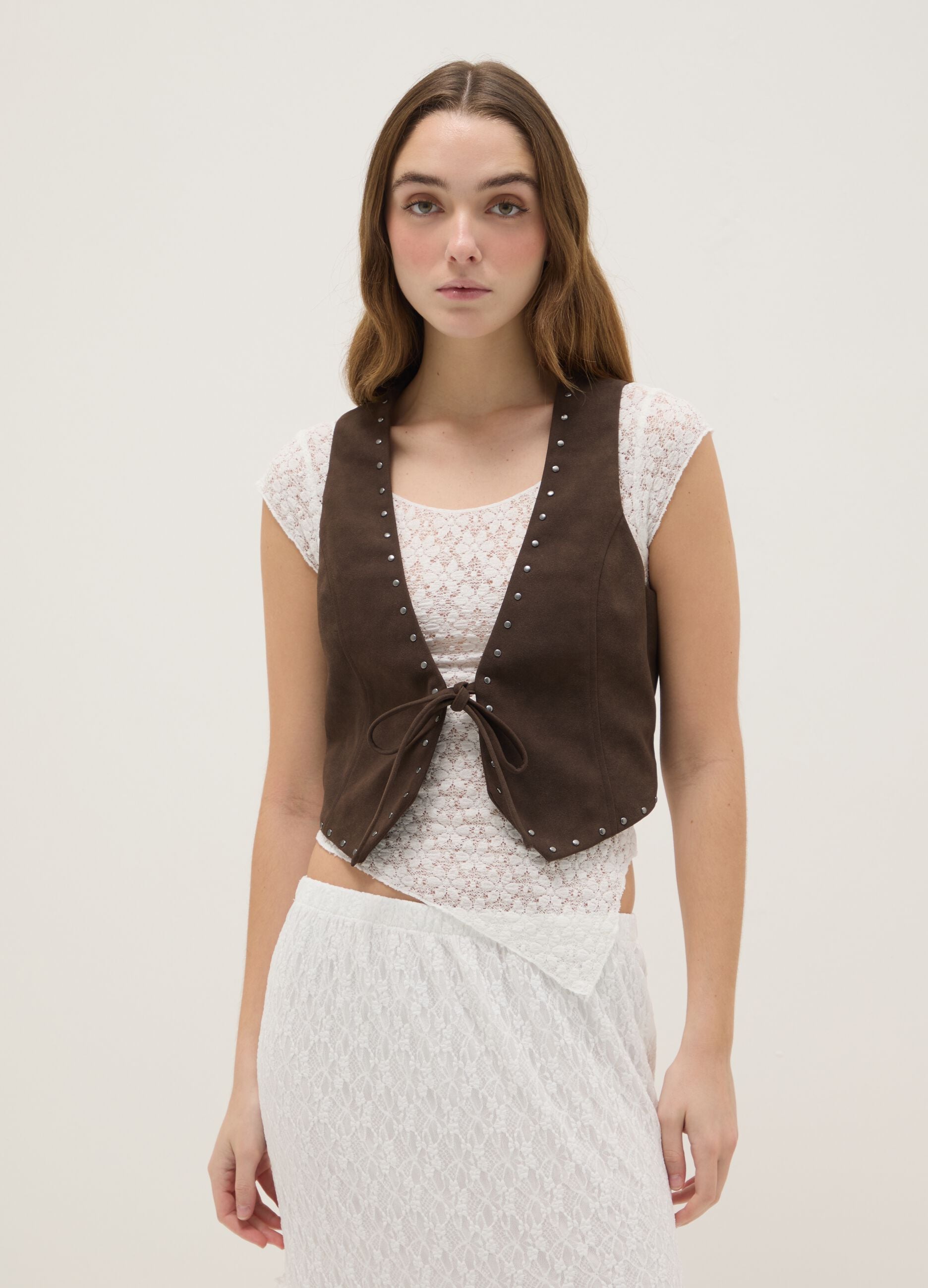 Brown string-closure vest without buttons, regular fit
