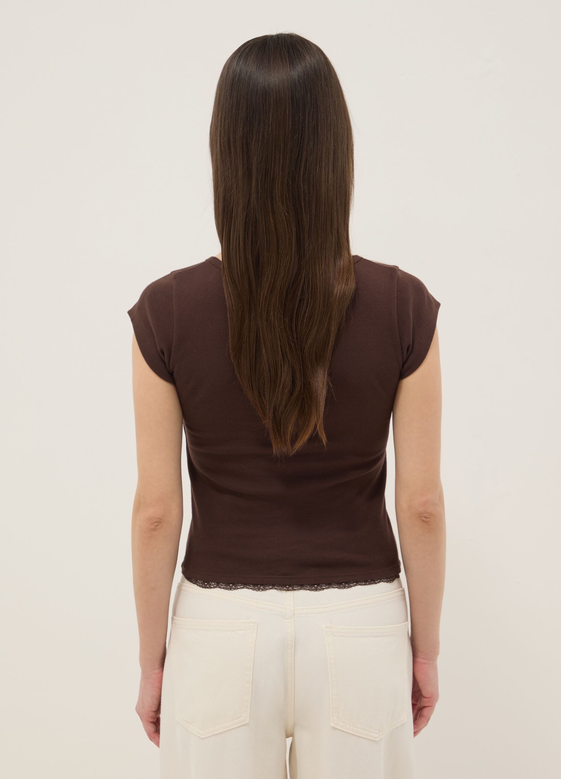 Brown regular fit cotton blend T-shirt with lace details