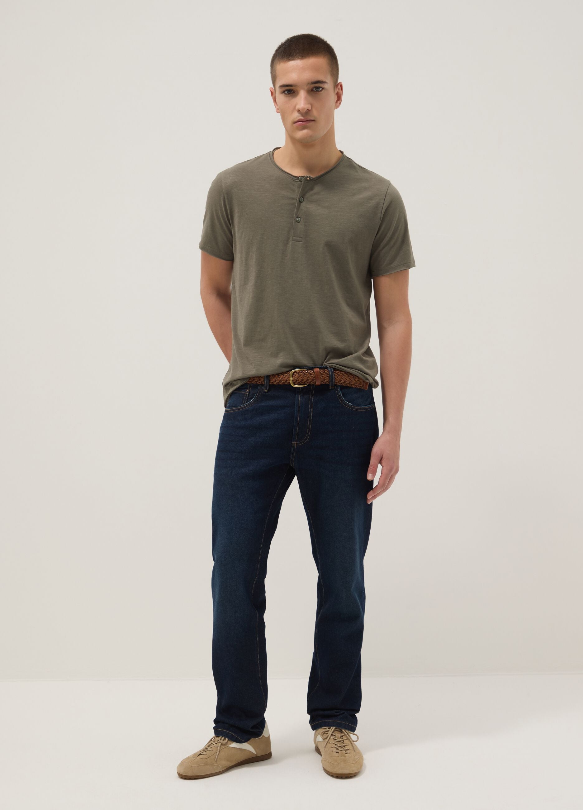 Green pure cotton t-shirt with seraph neckline, regular fit