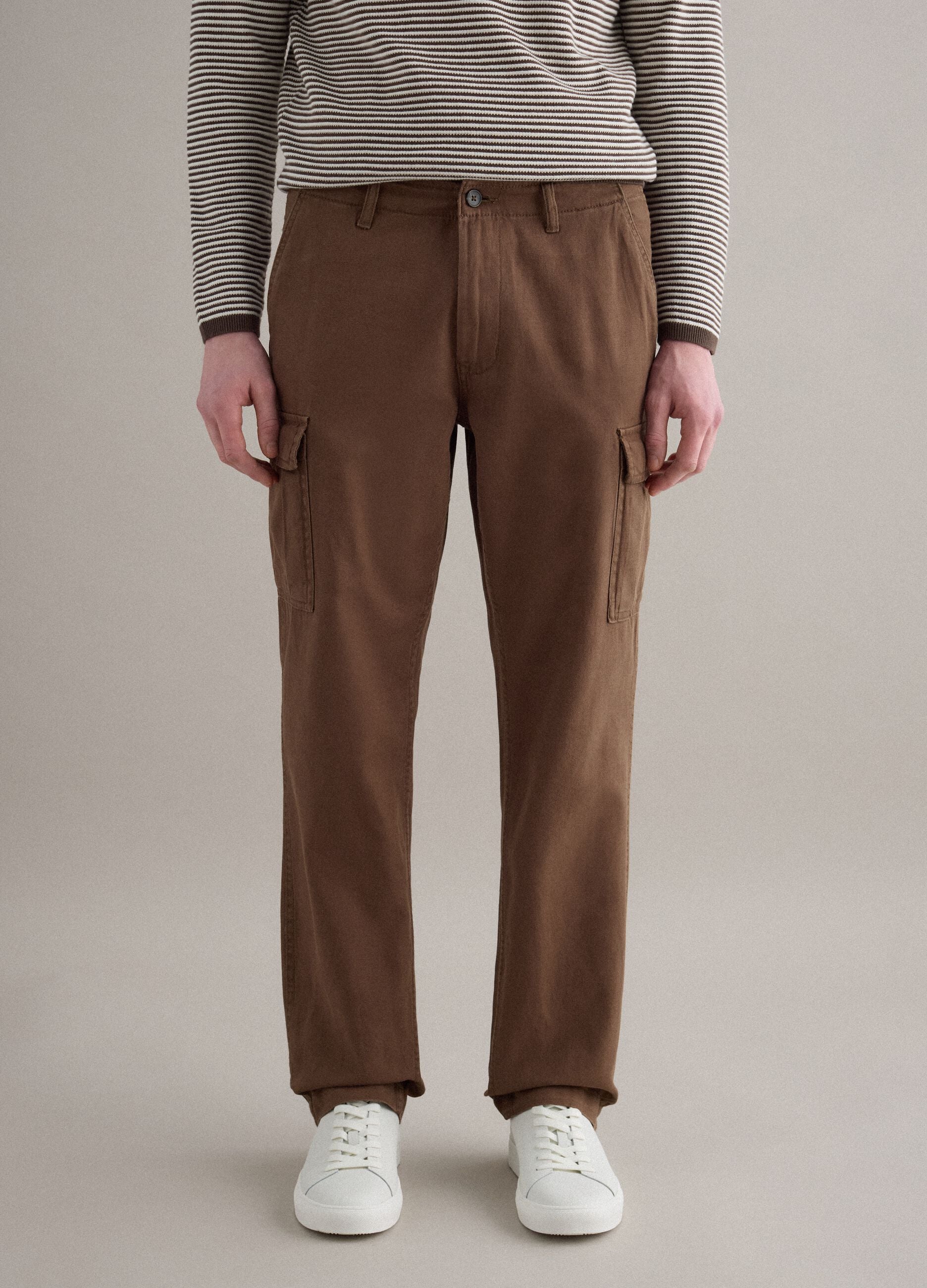 Brown regular fit cotton and linen cargo trousers
