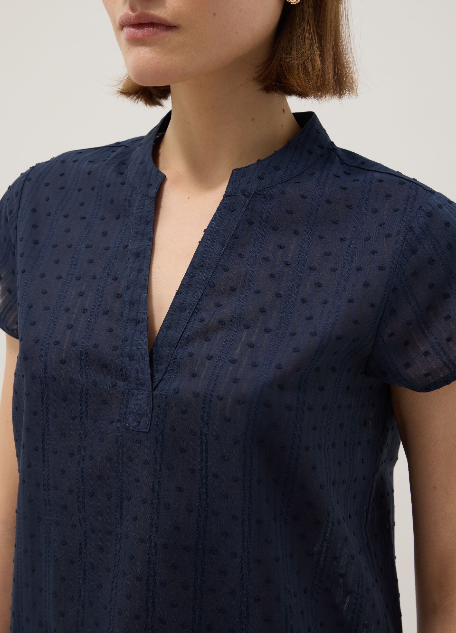 Blue pure cotton regular fit blouse with deep V transparency