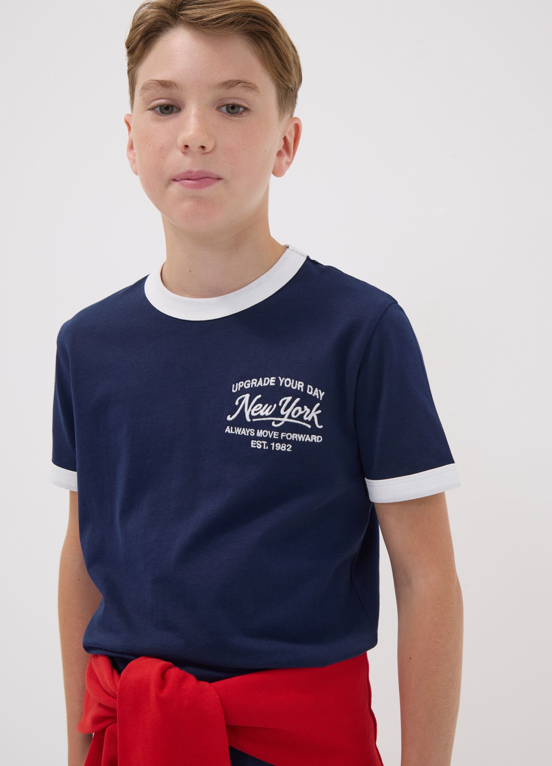 Blue organic cotton T-shirt with print, relaxed fit for boys