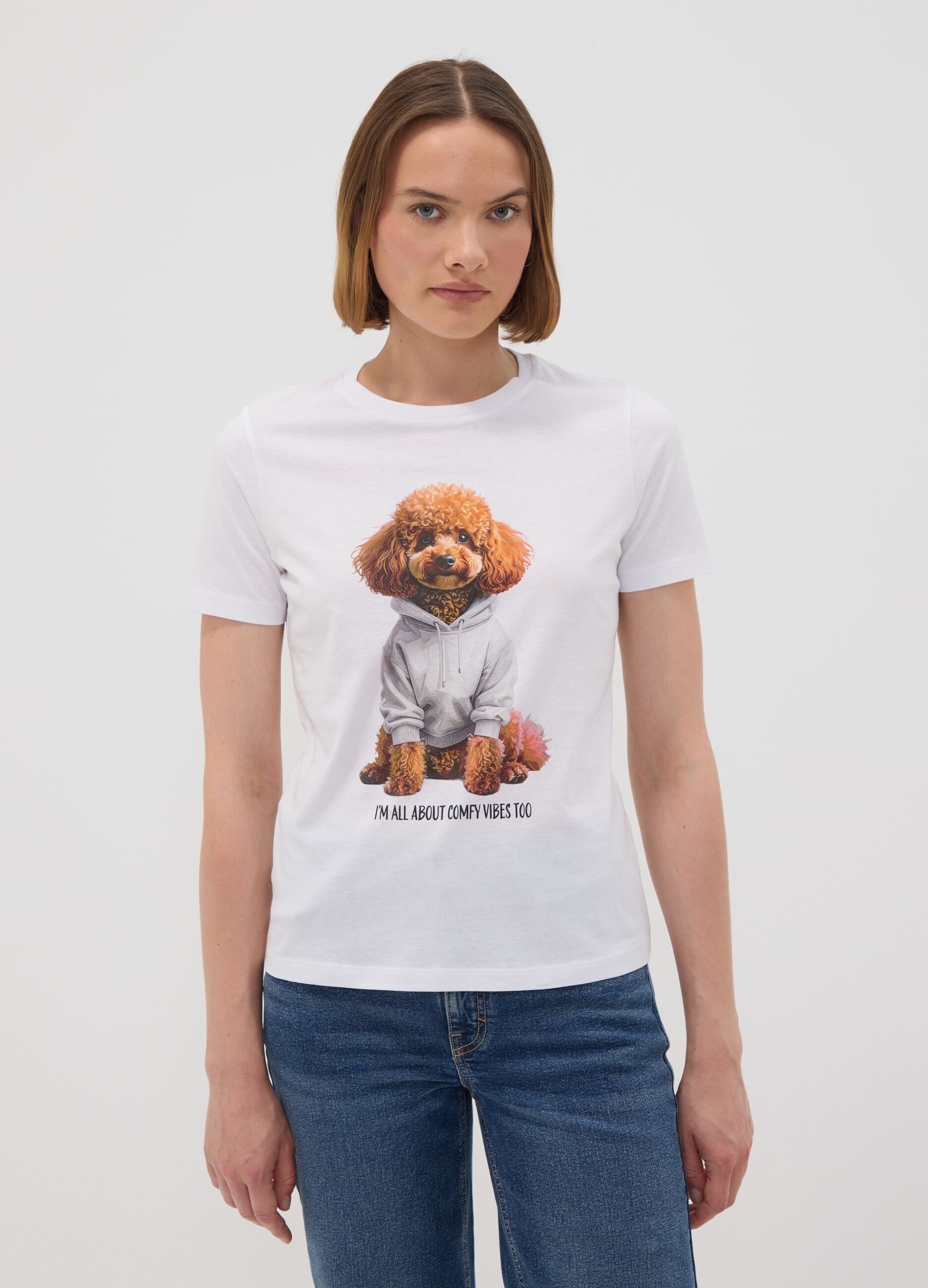 White pure cotton jersey T-shirt with dog print, regular fit