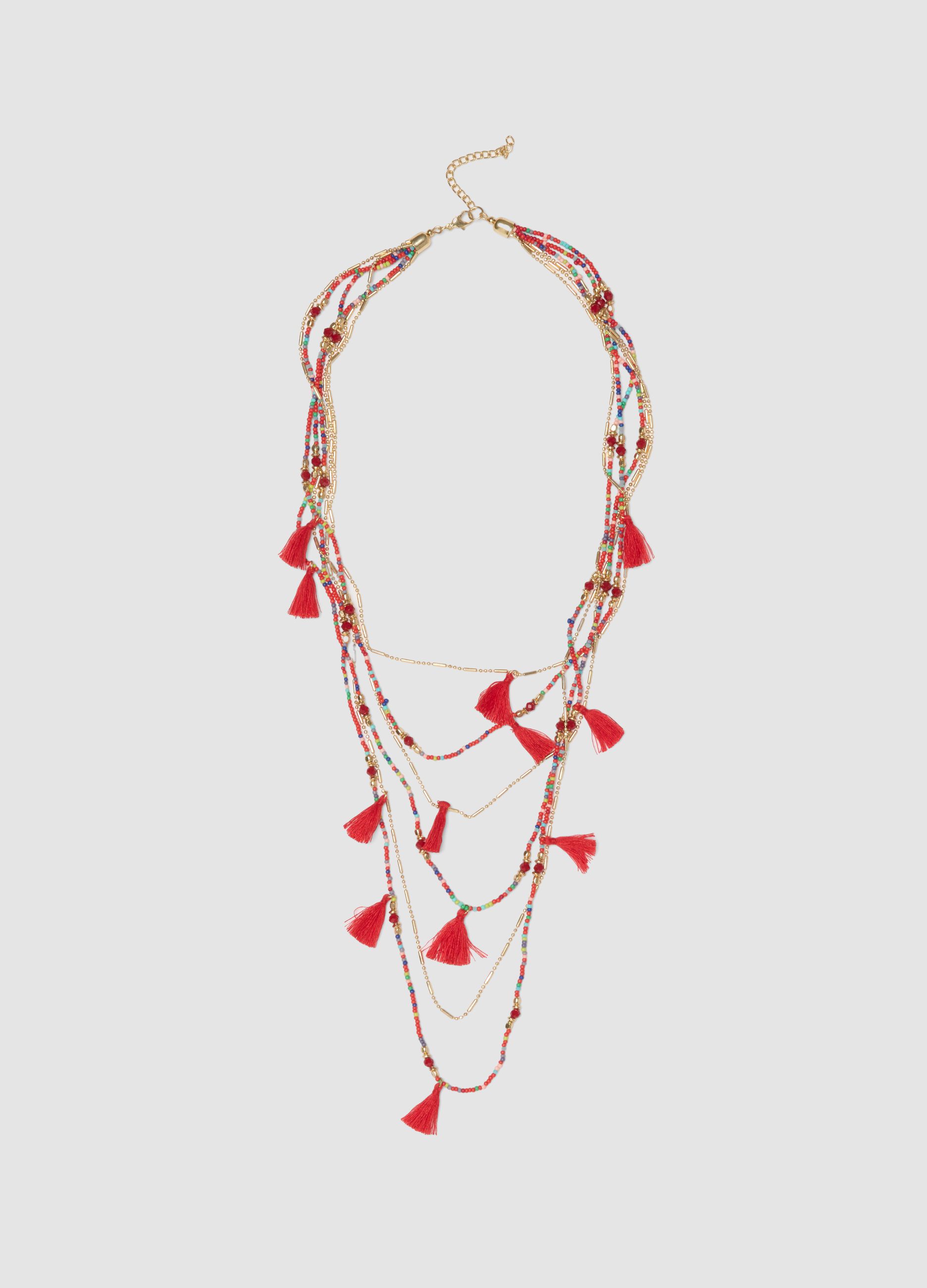 Multicolour necklace with red tassels