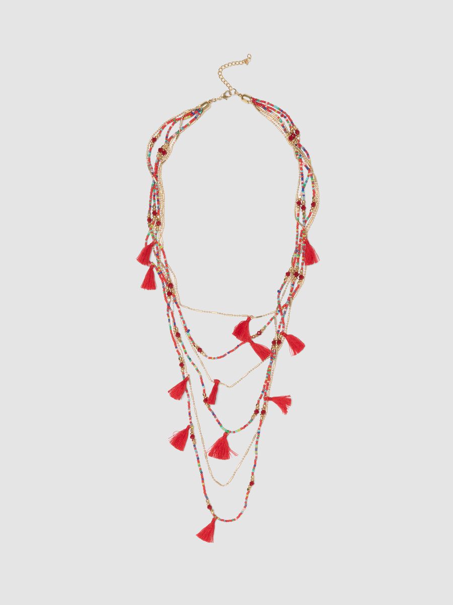 Multicolour necklace with red tassels_0