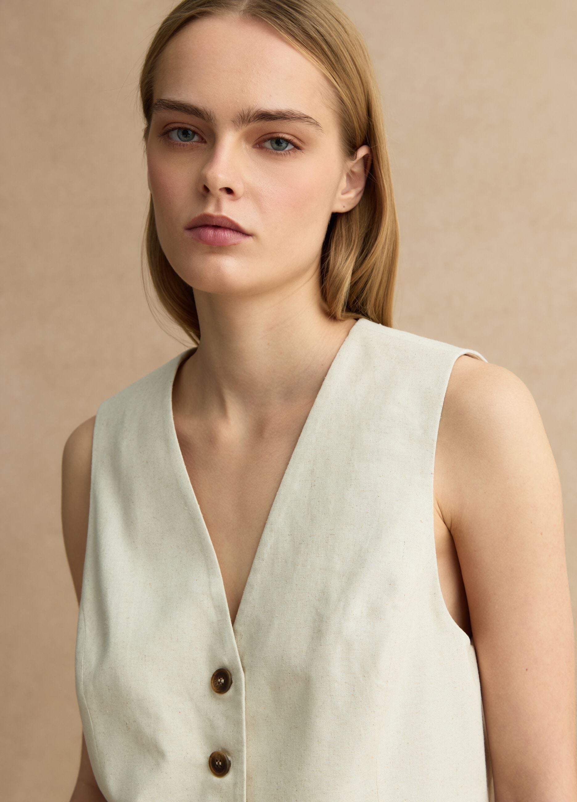Beige slim fit viscose and linen mix waistcoat