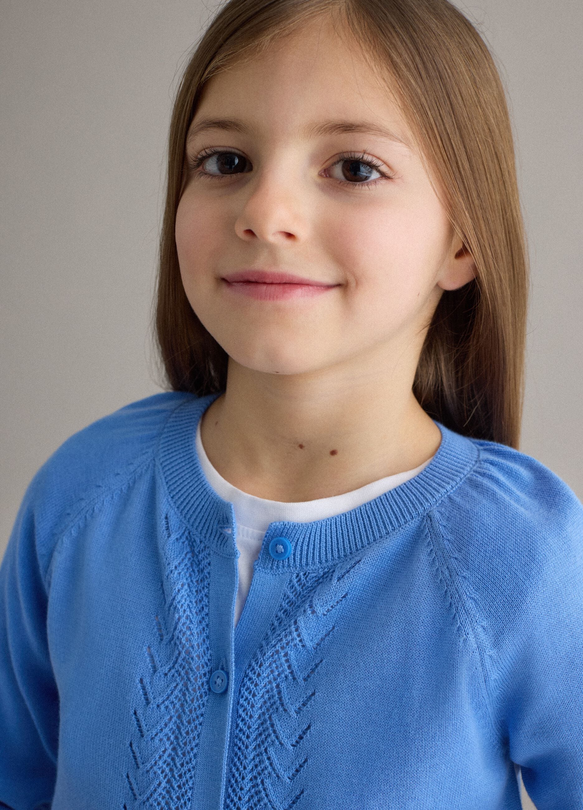 Girls' Regular Fit Blue Pure Cotton Cardigan with Cable Knit