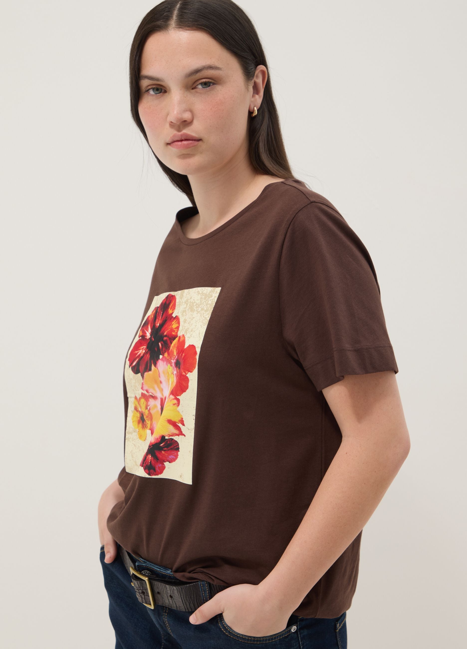 Brown pure cotton T-shirt with print, regular fit