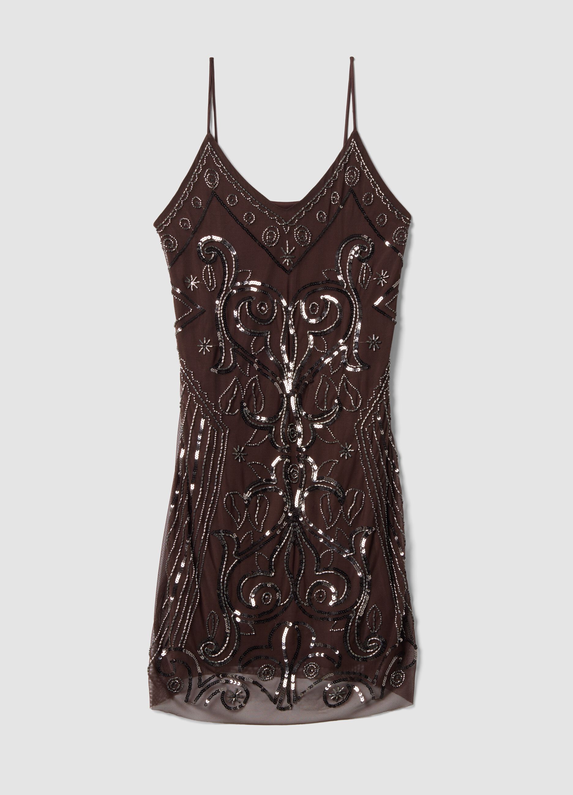Brown fitted stretch dress with sequins