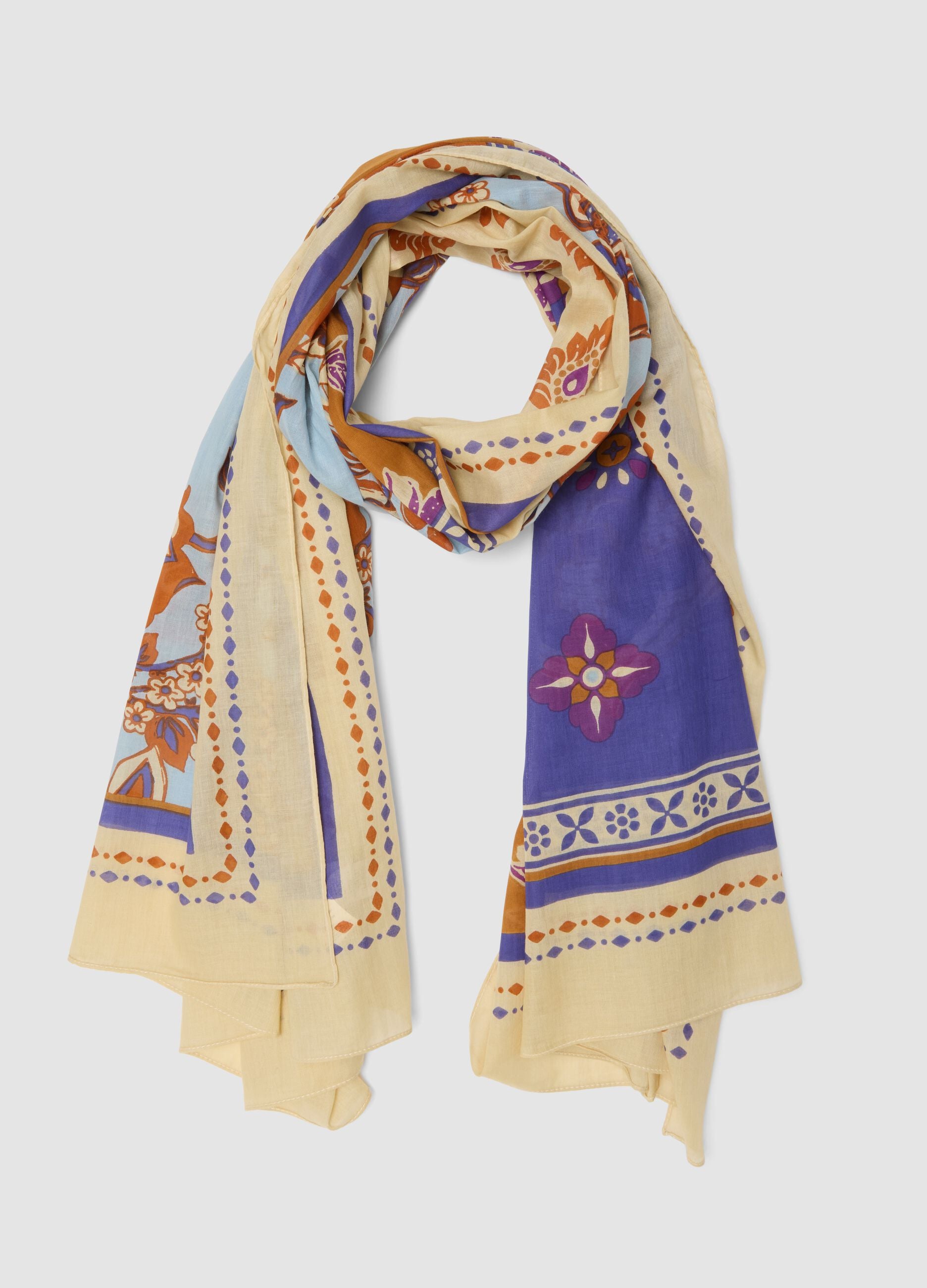 Multicolour pure cotton floral-print scarf