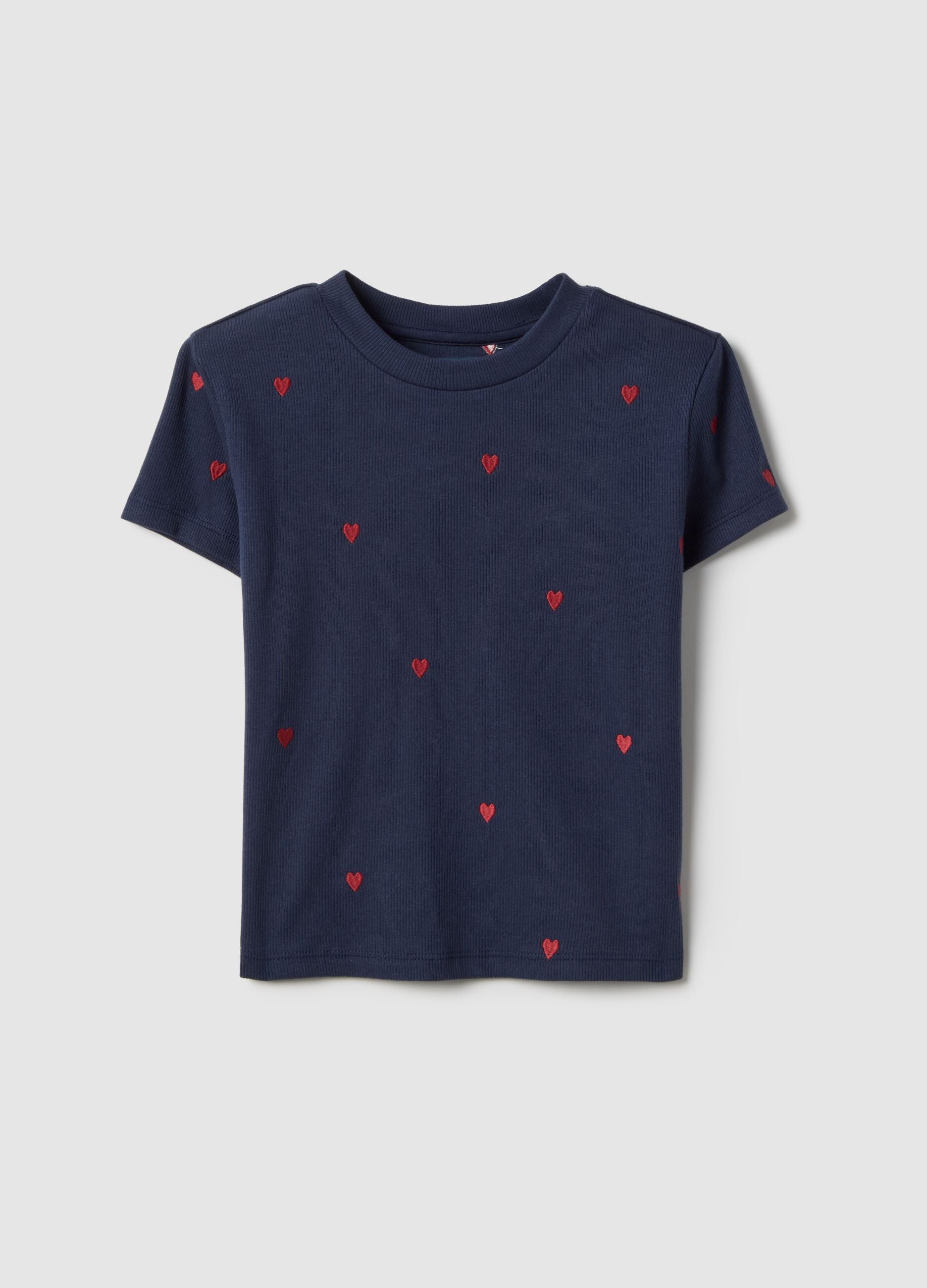 Blue cotton elasticated t-shirt for girls with heart embroidery