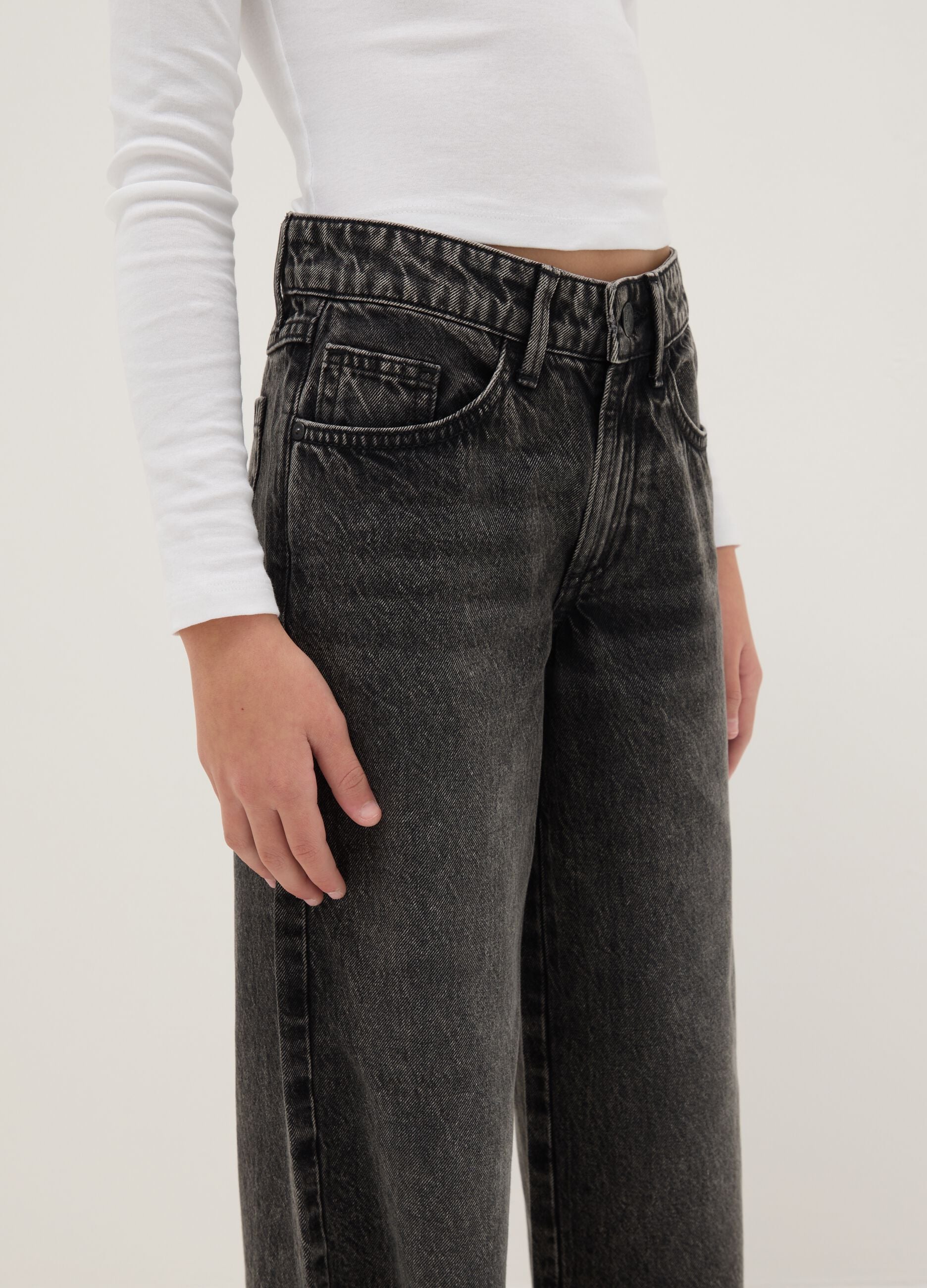 Girls' grey pure cotton wide leg jeans