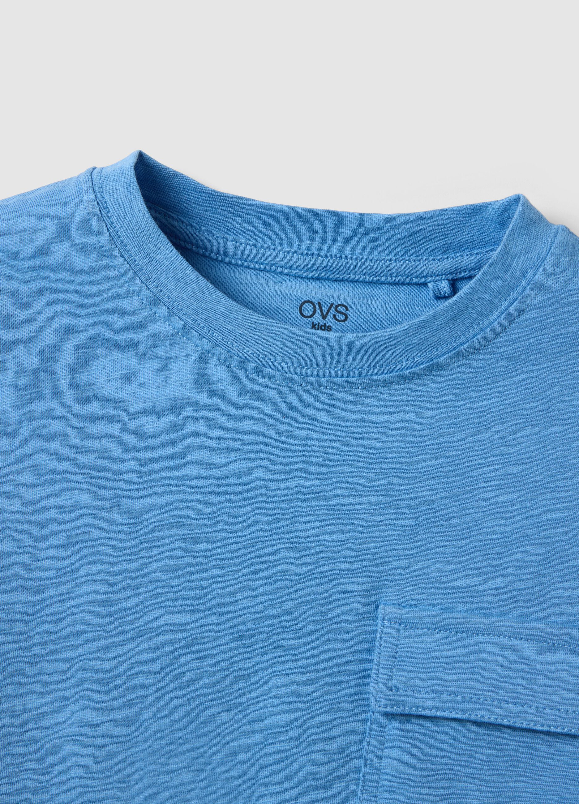 Children's sky blue pure cotton T-shirt, regular fit with pocket
