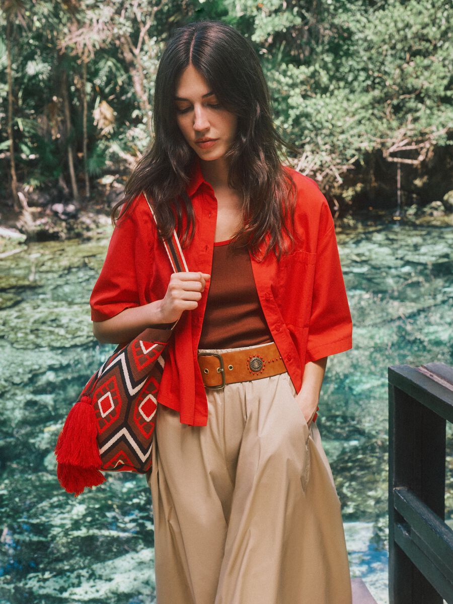 Red pure cotton shirt with chest pocket, oversized fit_0