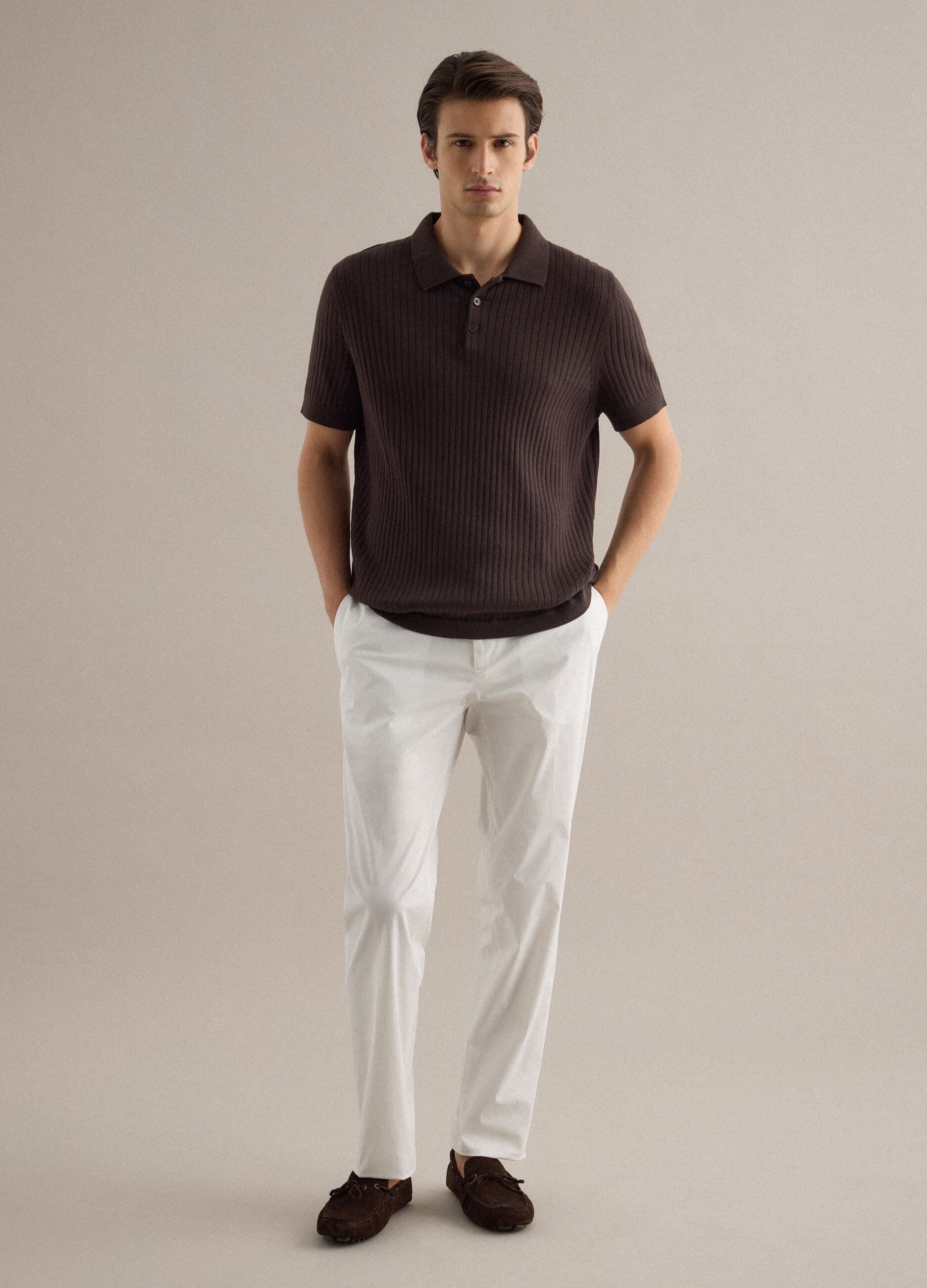 Brown striped short-sleeve pure cotton polo in regular fit