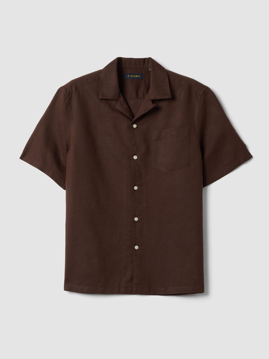 Camicia marrone in misto lino e cotone con collo bowling_4