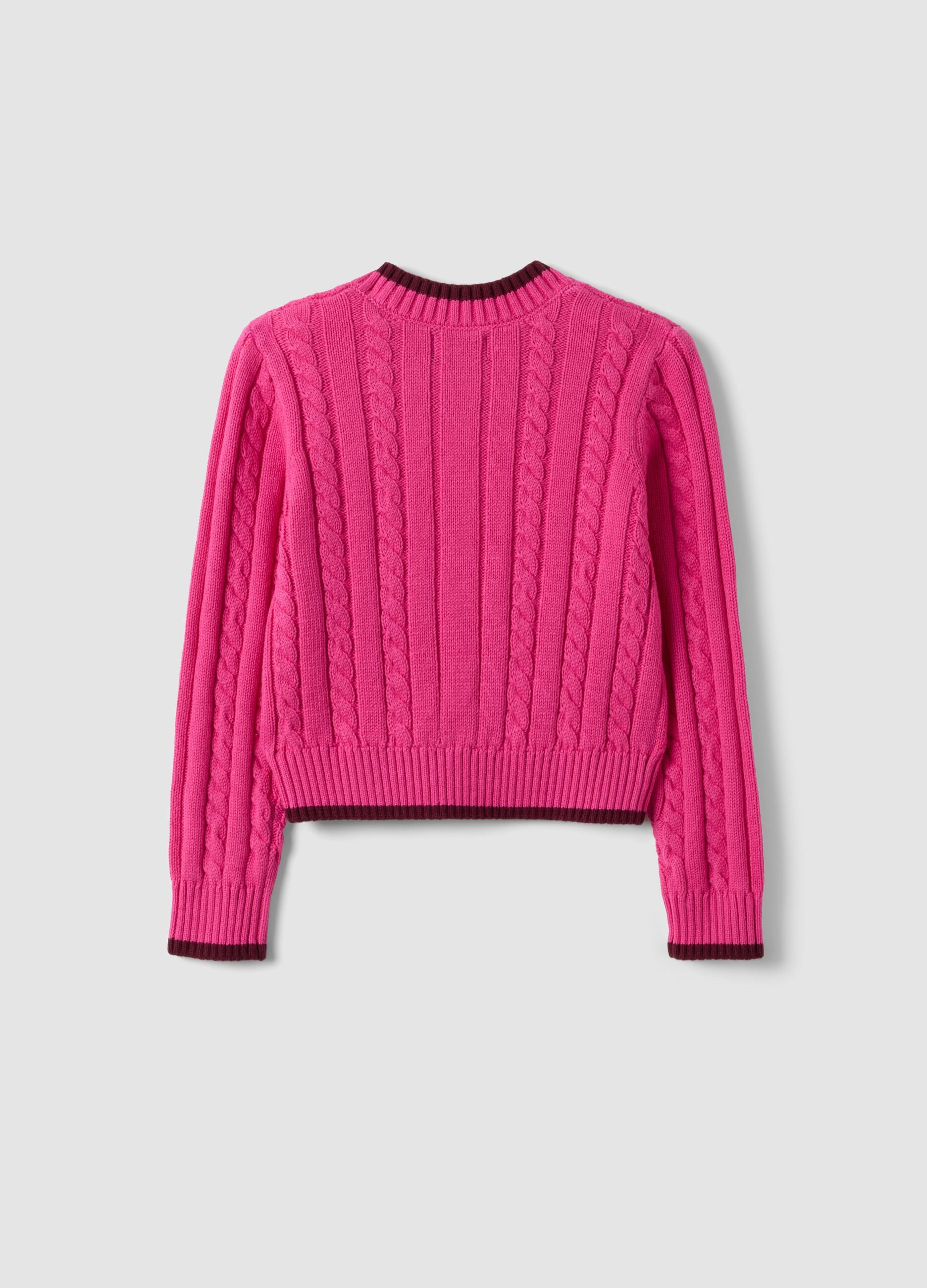 Pink pure cotton cable-knit V-neck jumper for girls