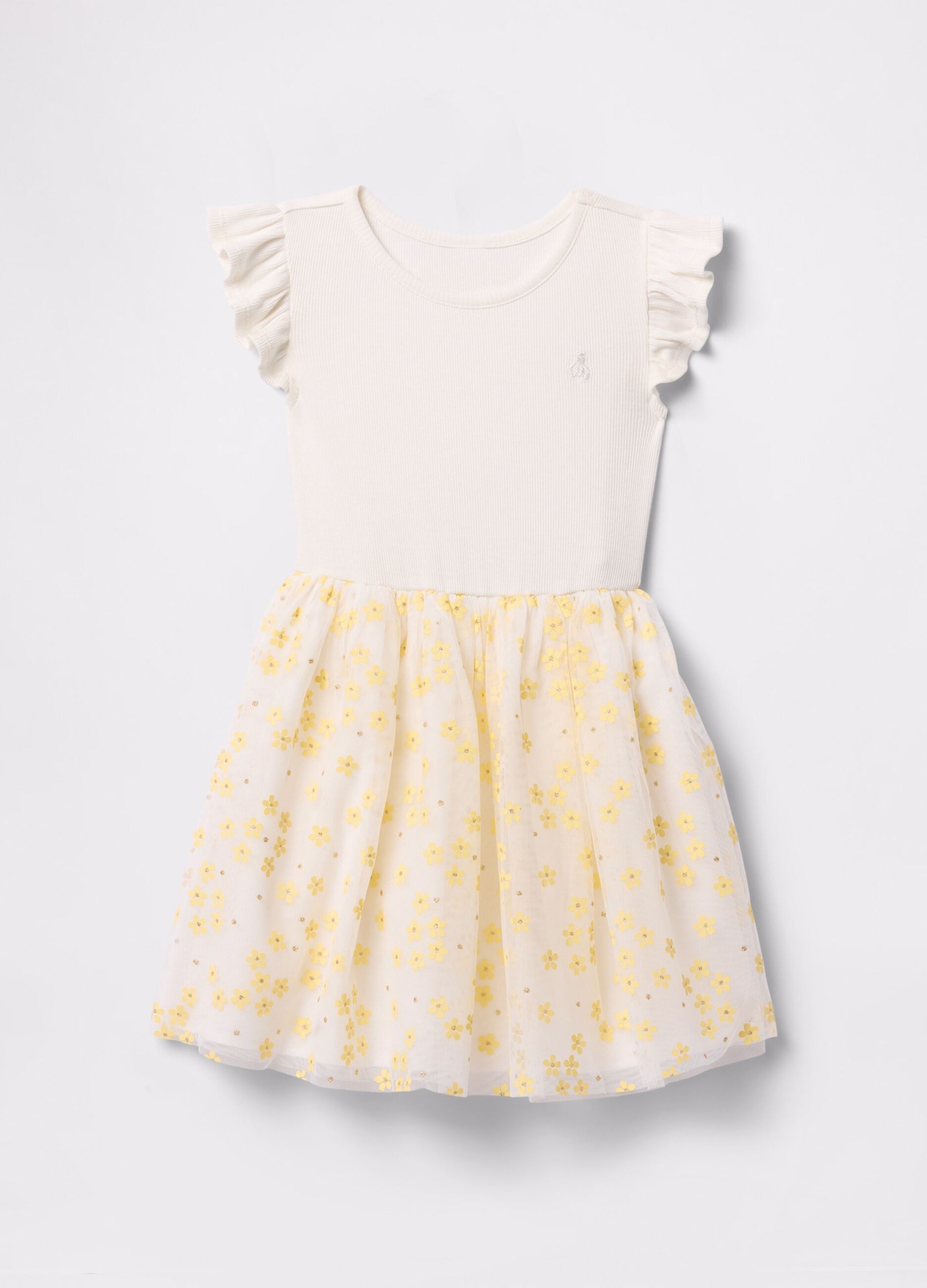 White dress with floral tulle skirt