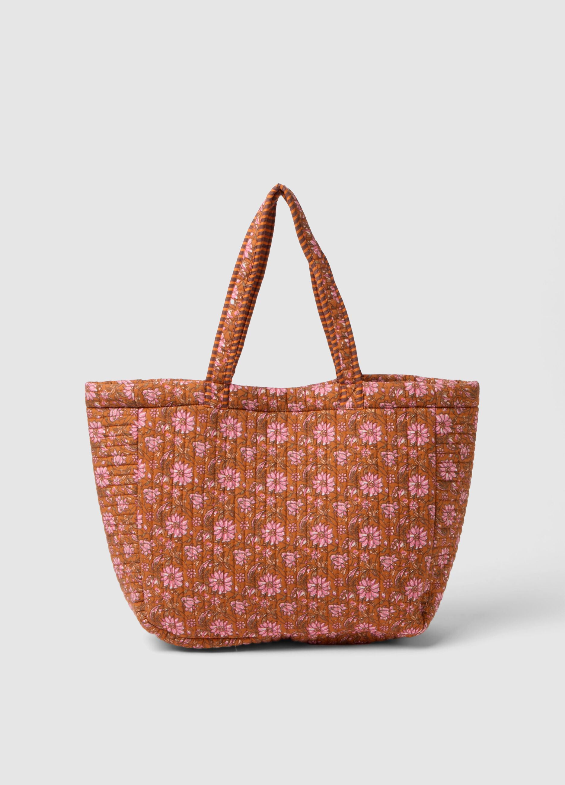 Multicolour pure cotton beach bag with floral pattern