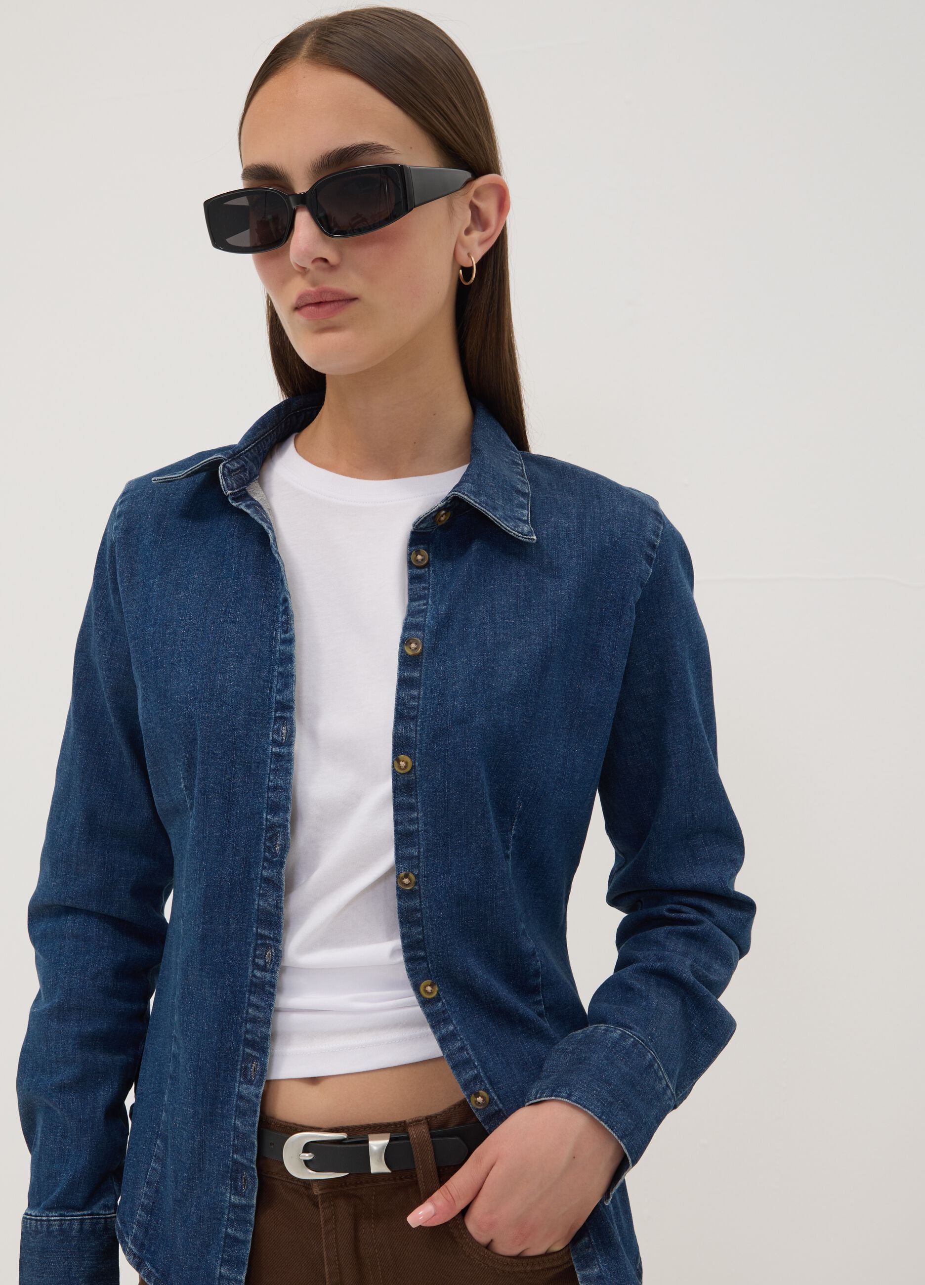 Blue slim-fit stretch cotton denim shirt