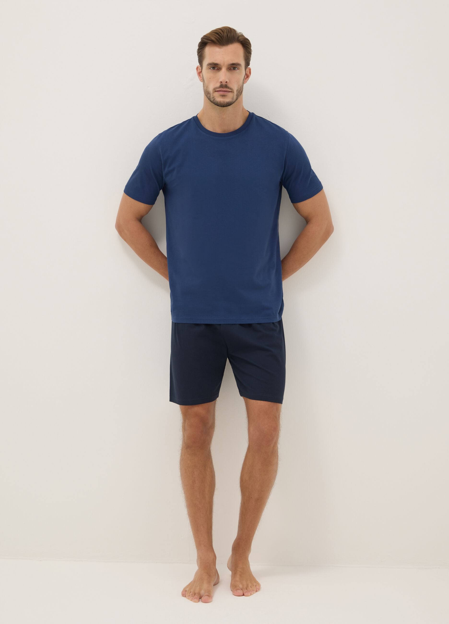 Pigiama corto in jersey di puro cotone organico blu regular fit