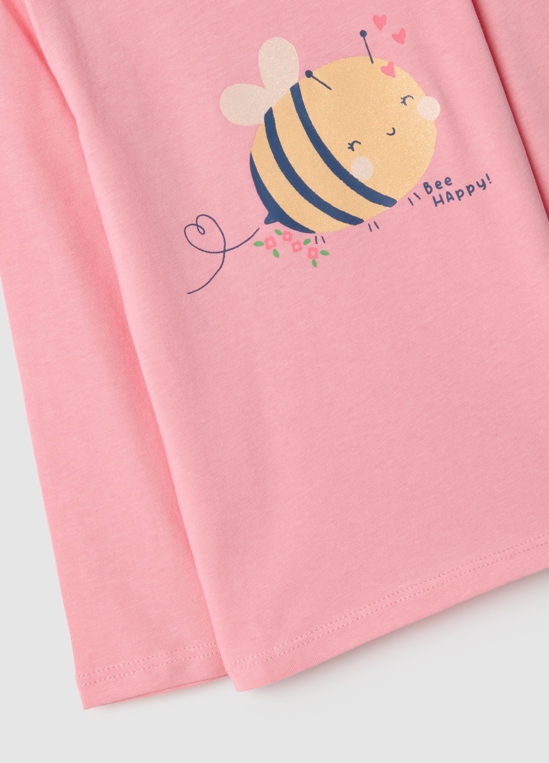 Girls' pink long-sleeve pure cotton top with regular fit and bee design