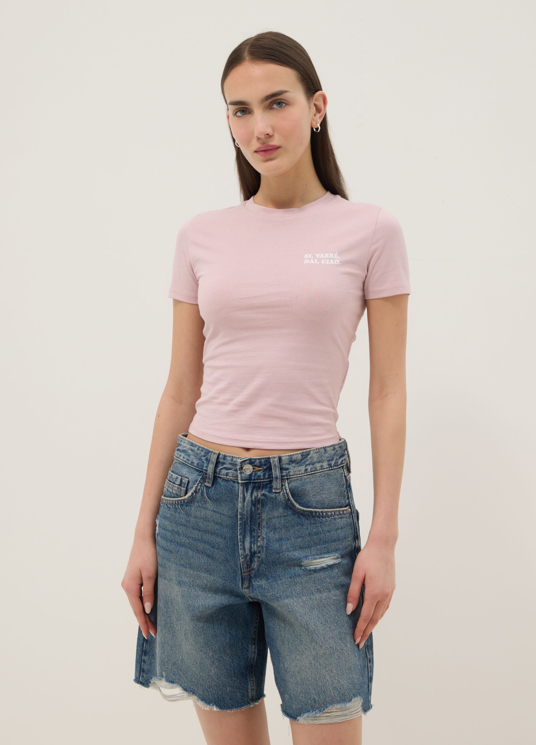 Slim fit pink pure cotton t-shirt with print