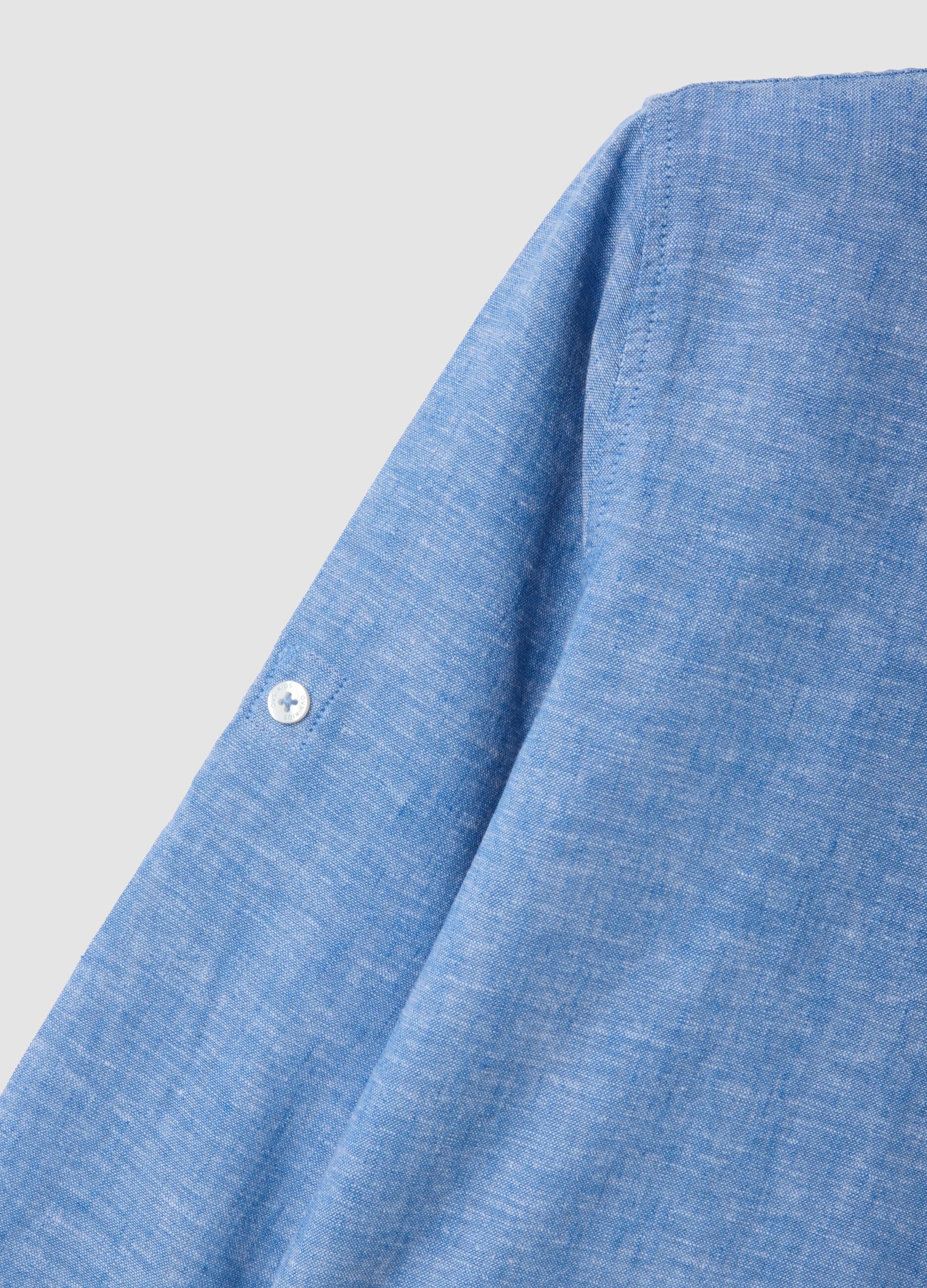Boys&rsquo; blue linen and cotton-blend shirt with Mandarin collar, regular fit