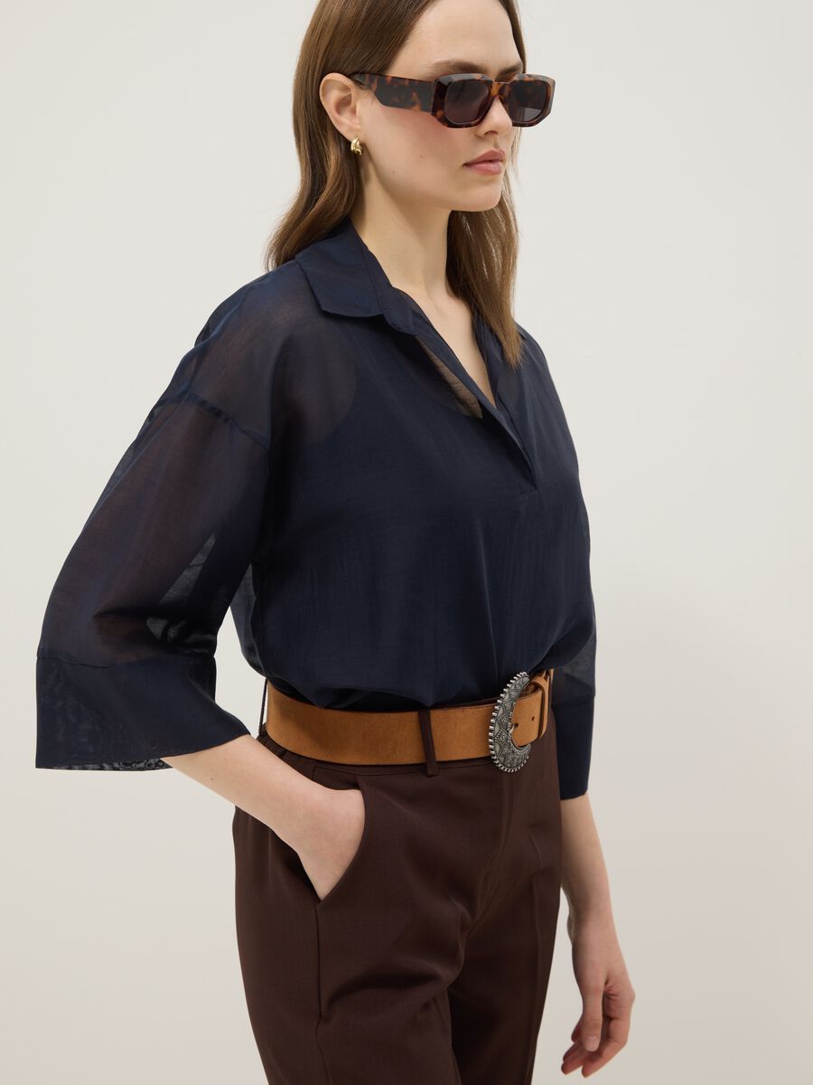 Blue long-sleeve viscose-blend blouse, regular fit_0