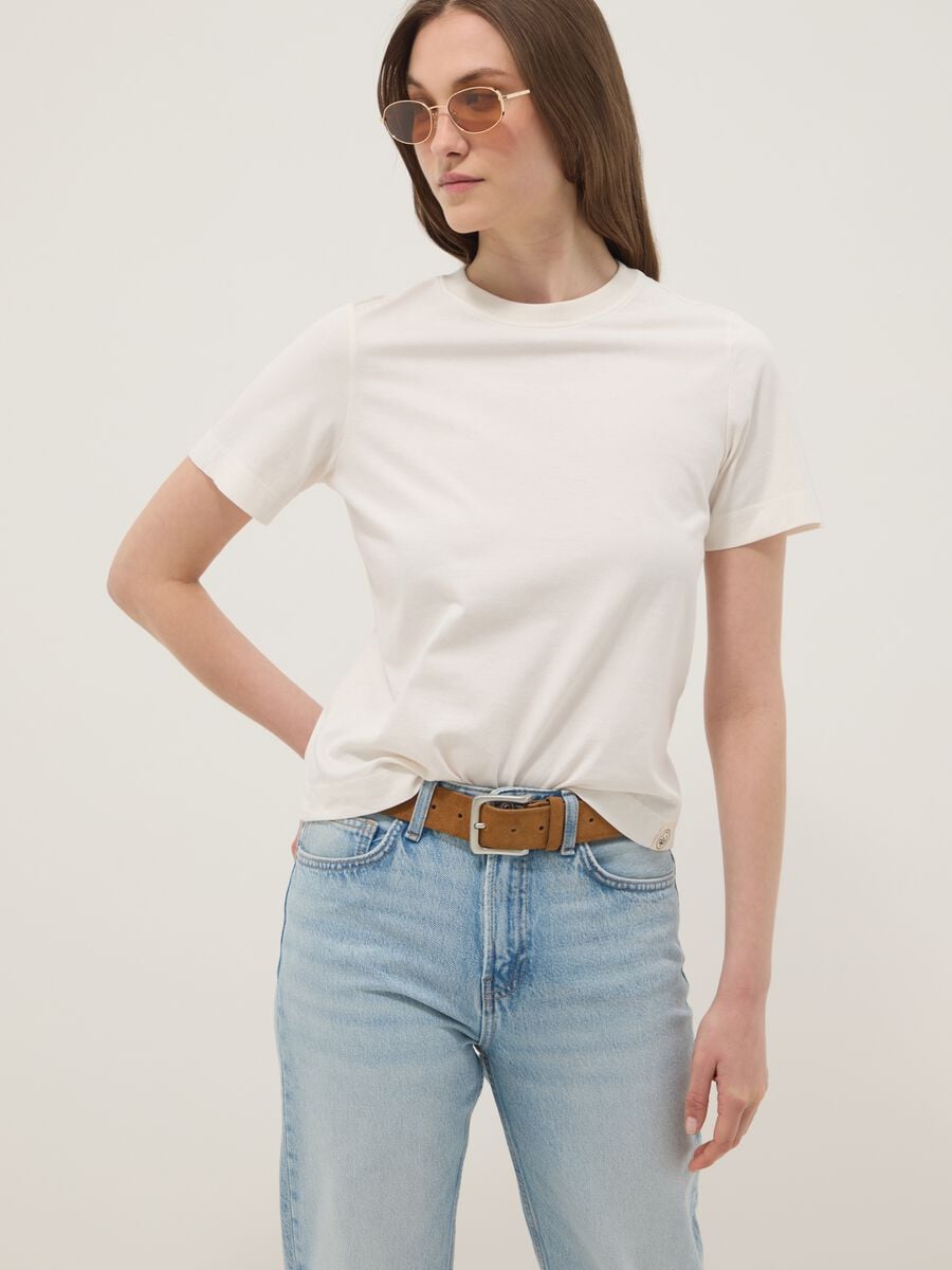 Beige short-sleeved pure cotton regular-fit T-shirt_0