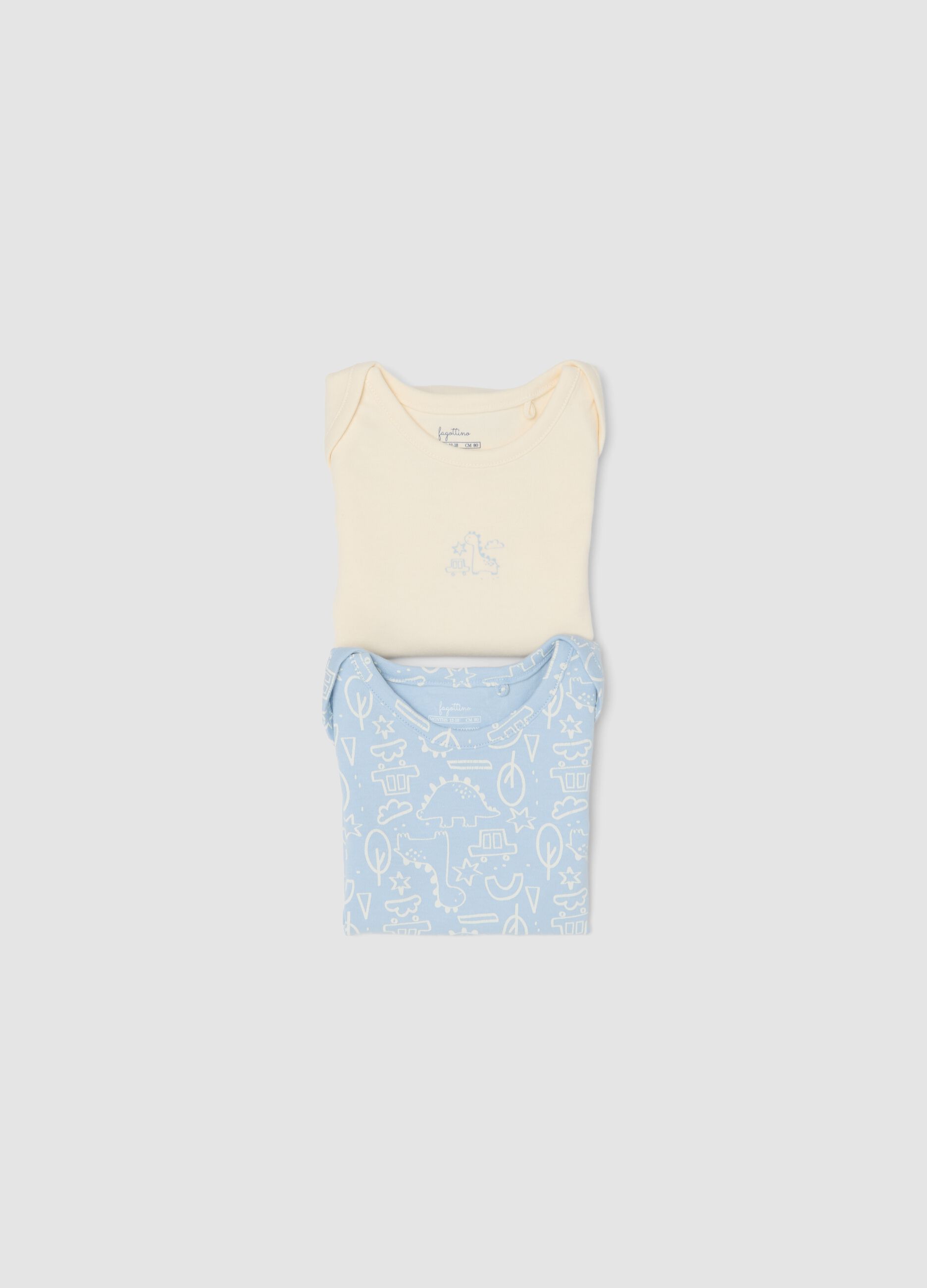 2-pack of light blue and beige organic cotton bodysuits for baby and toddler