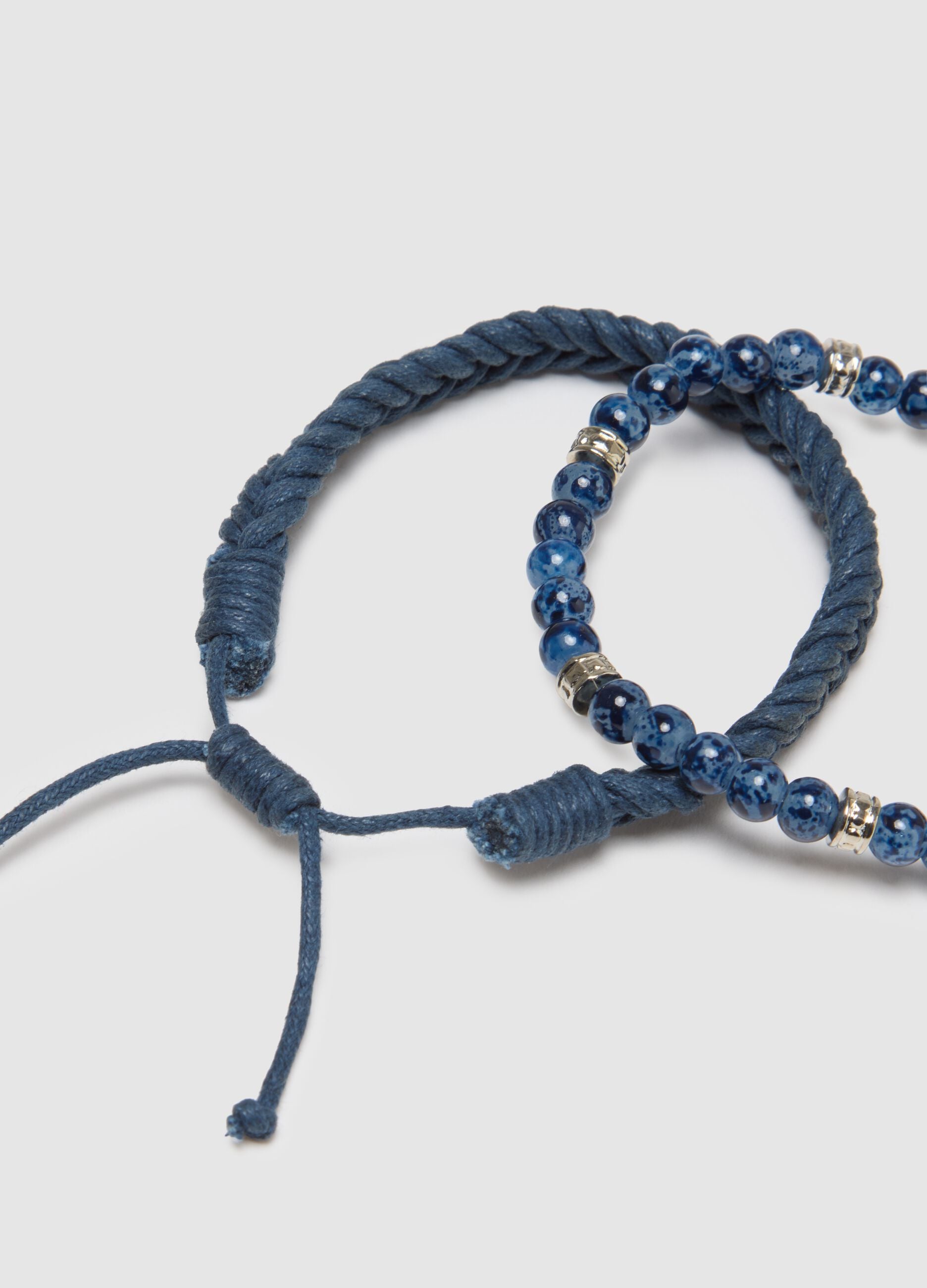 Blue bracelet twin pack with glass beads and woven design
