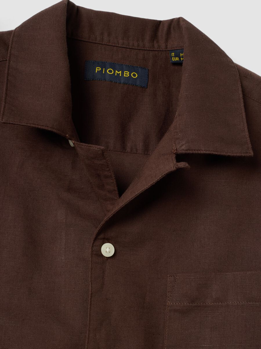 Camicia marrone in misto lino e cotone con collo bowling_5