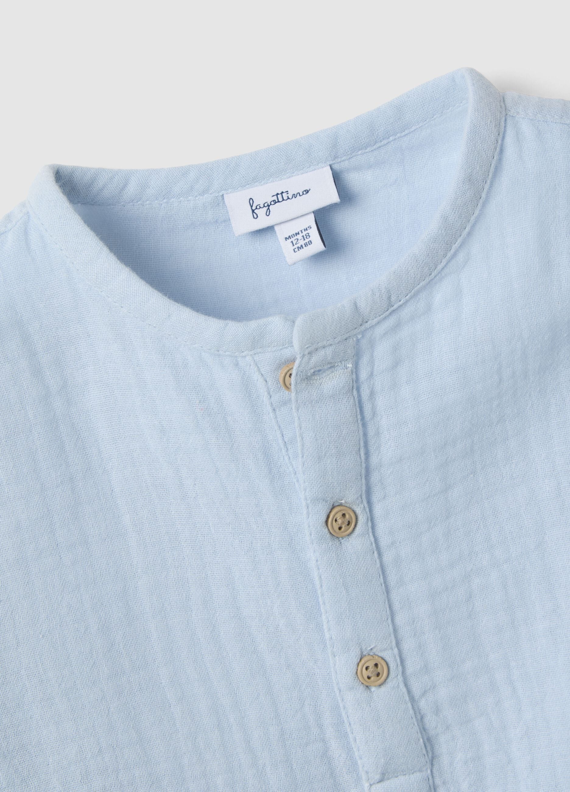 Boys' light blue pure cotton shirt with regular fit and Mandarin collar
