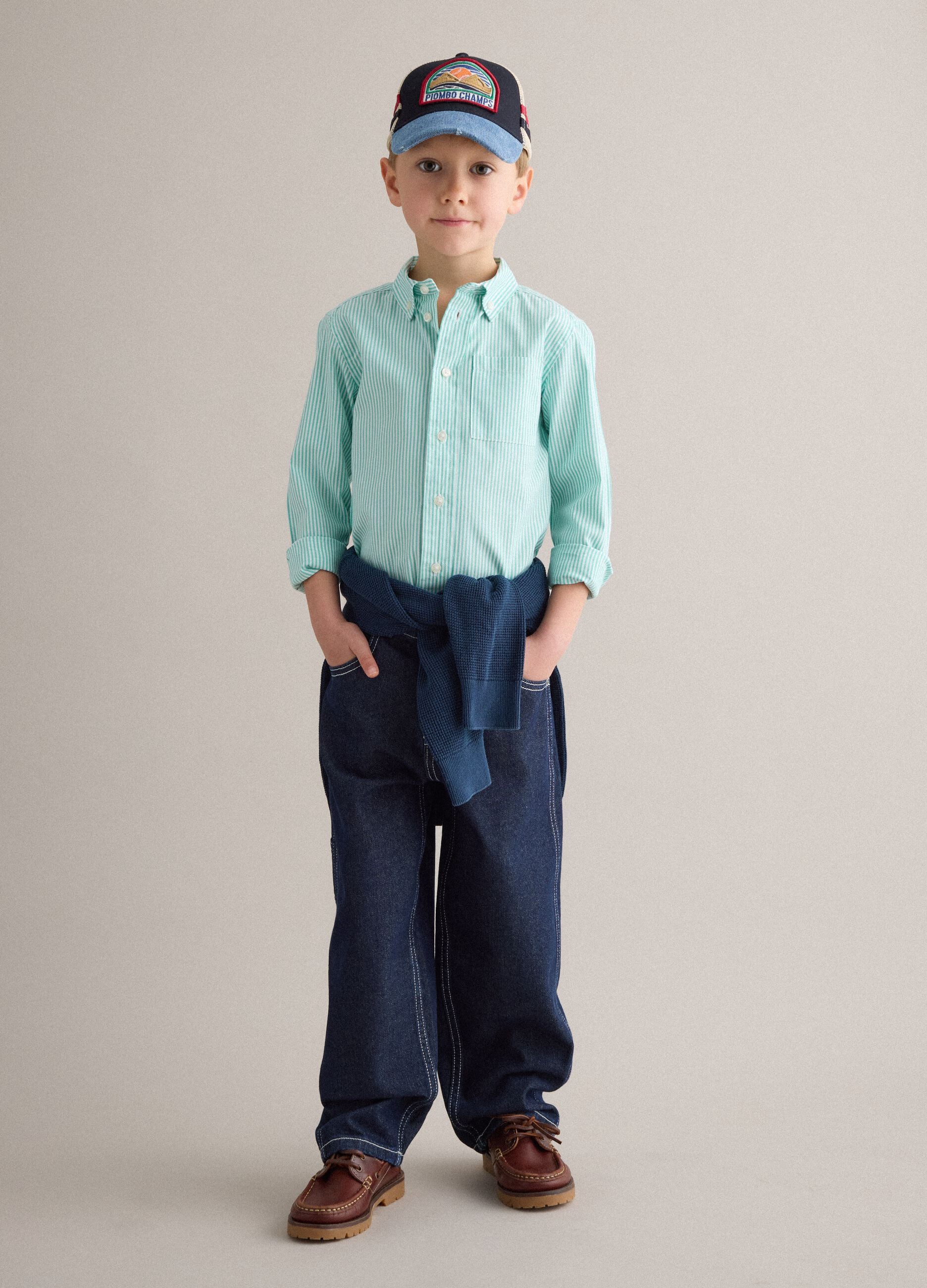 Children's blue pure cotton trousers regular fit with exposed stitching