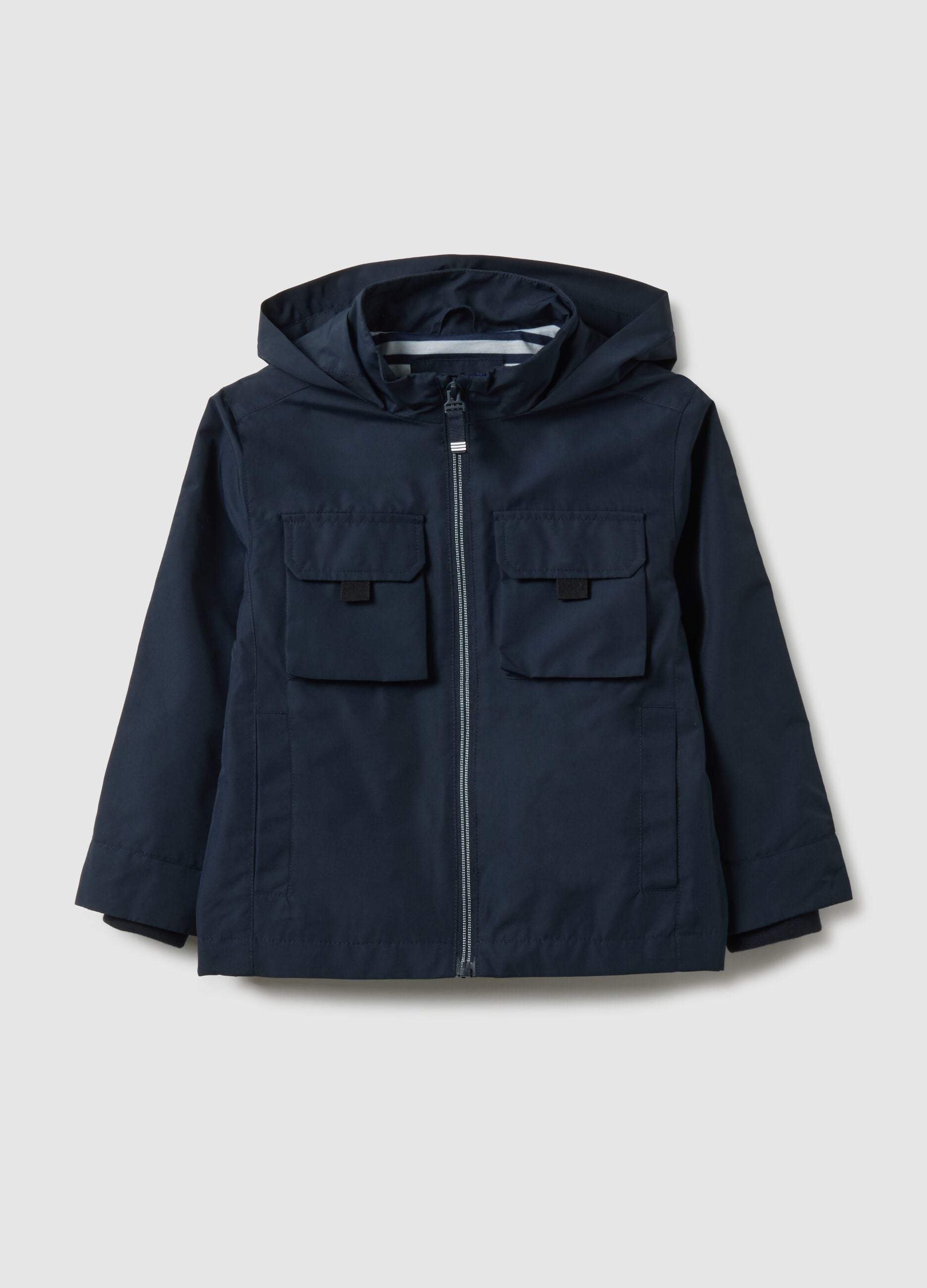 Blue lined regular fit kids' jacket with hood
