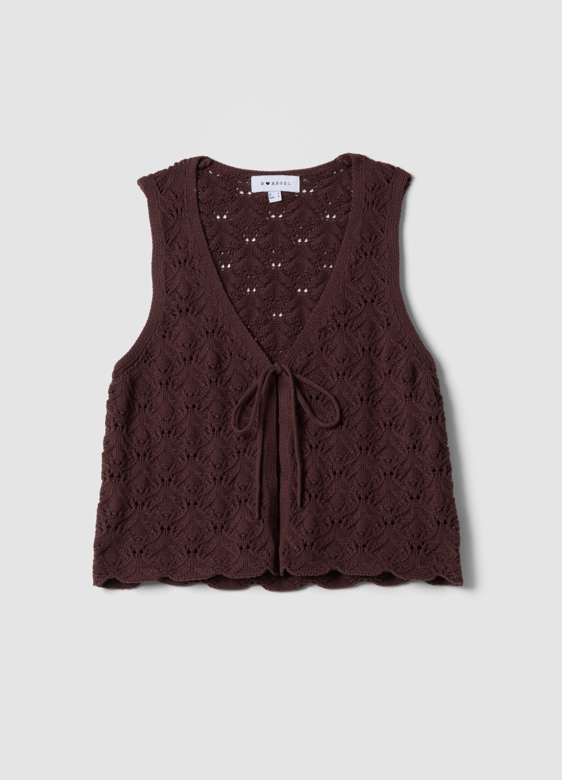 Brown pure cotton regular-fit waistcoat with tie fastening and deep V-neck
