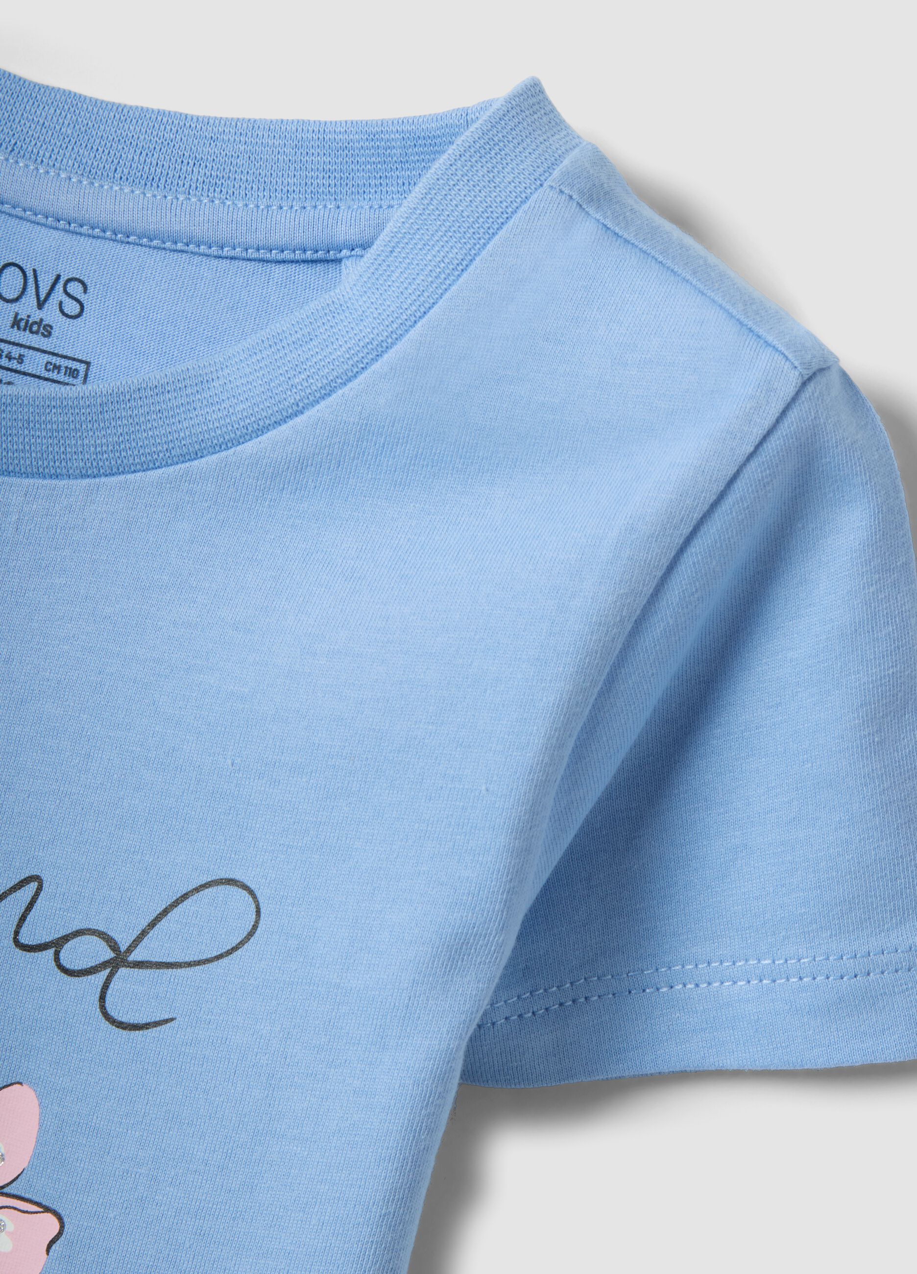 Girls&rsquo; light blue pure organic cotton T-shirt with print and glitter