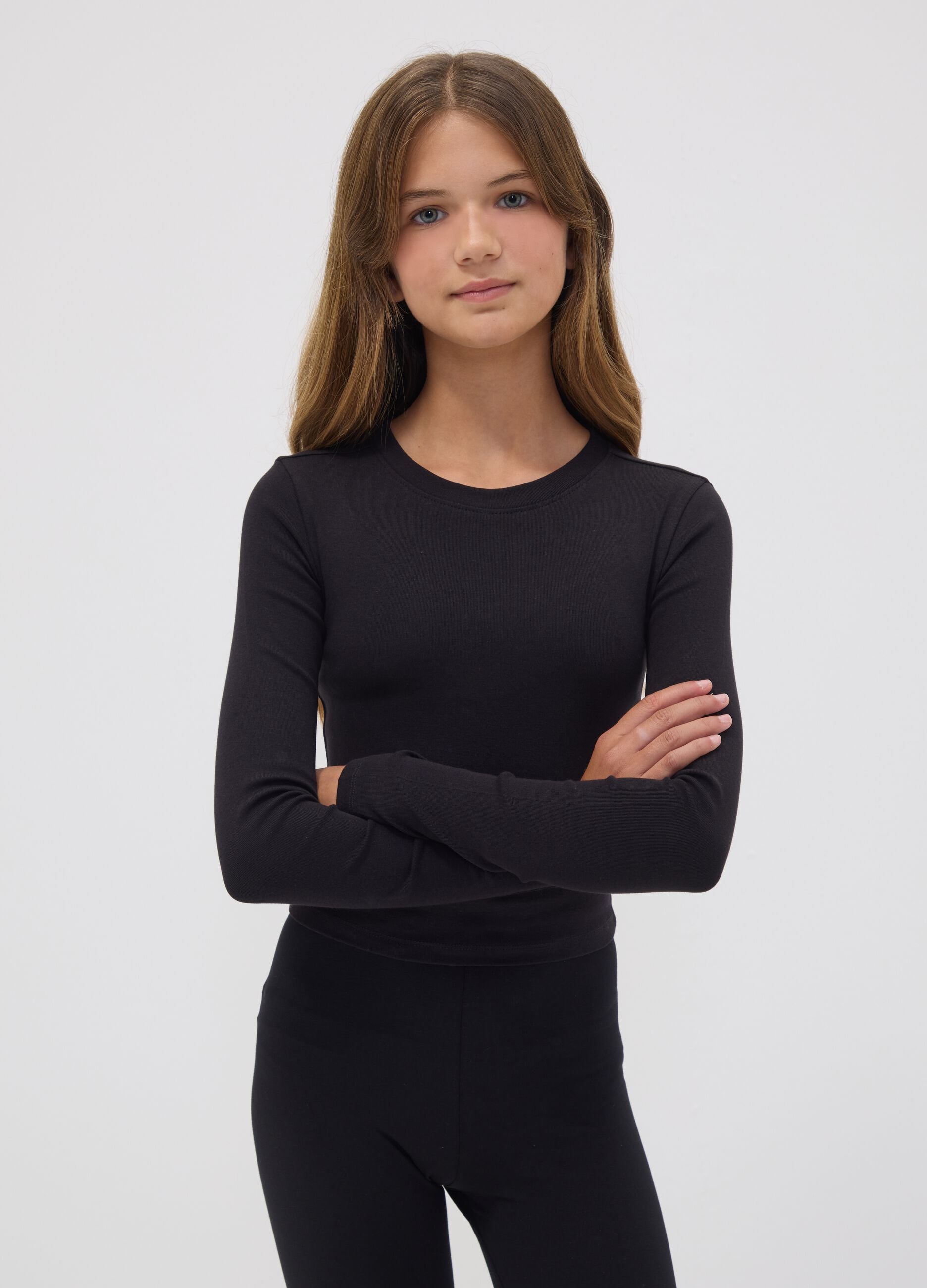 Girls&rsquo; black organic stretch cotton T-shirt with ribbed neckline