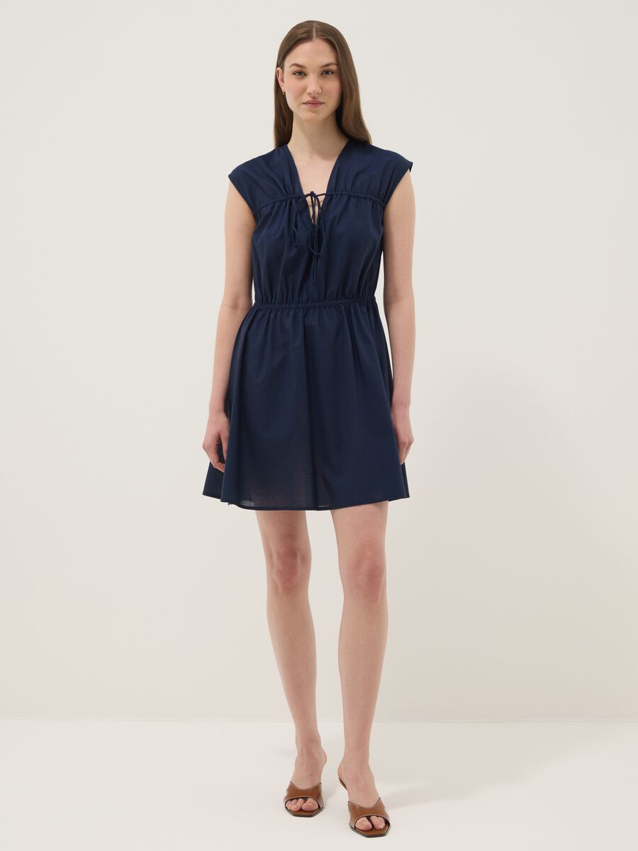Blue pure cotton V-neck dress_0